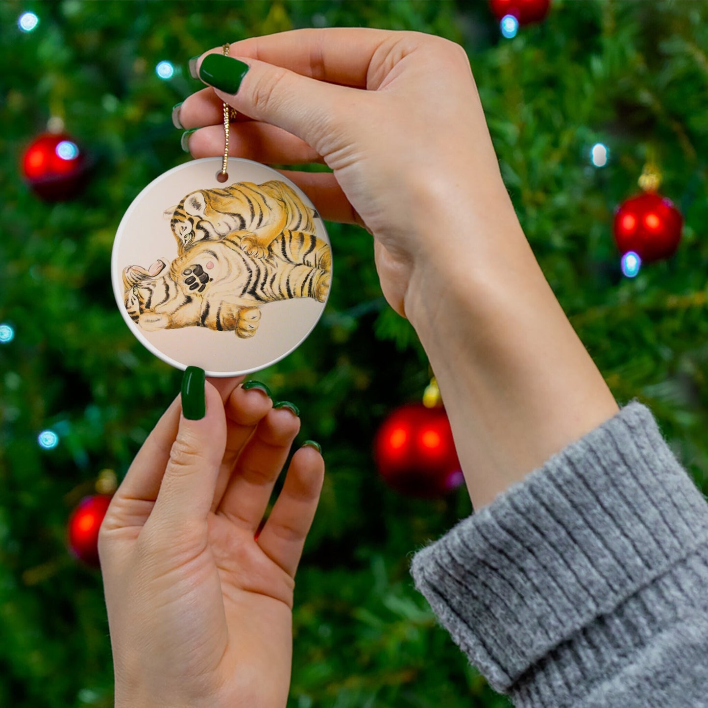 Ceramic Christmas Tree Ornament, painting of tiger cubs in watercolor technique, animal or art lover gift, present, stocking stuffer