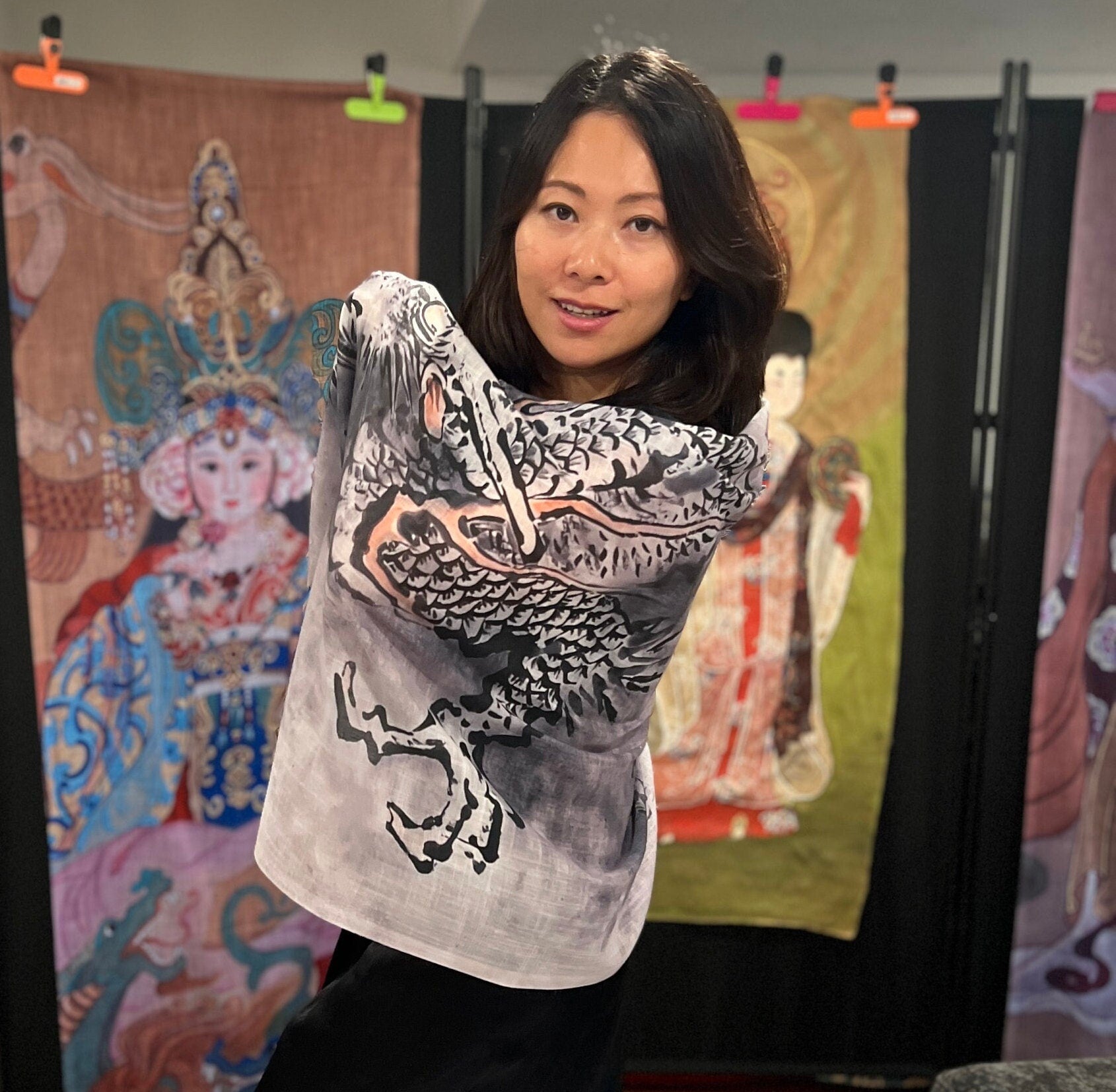 Cloud Dragon Light Scarf, water color painting on silk, Women fashion scarves, Chinese New Year gift, Unique cultural gift