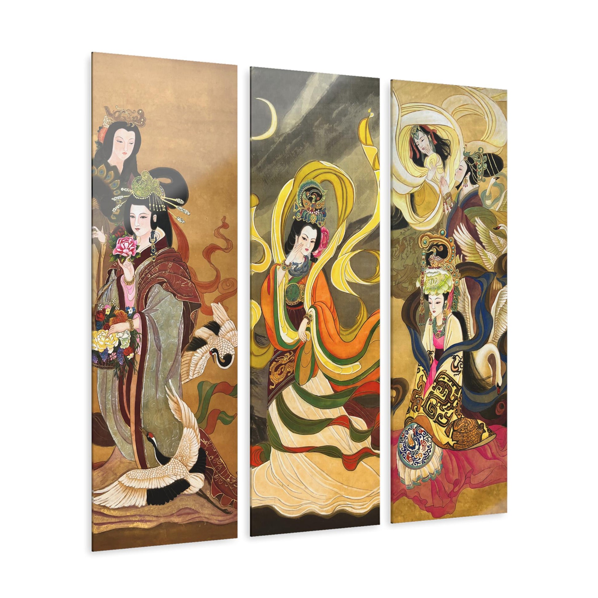 Set of 3 (Triptych) | Paintings of elegant women, cranes, beautiful silk robes | Acrylic Prints of water color paintings on silk