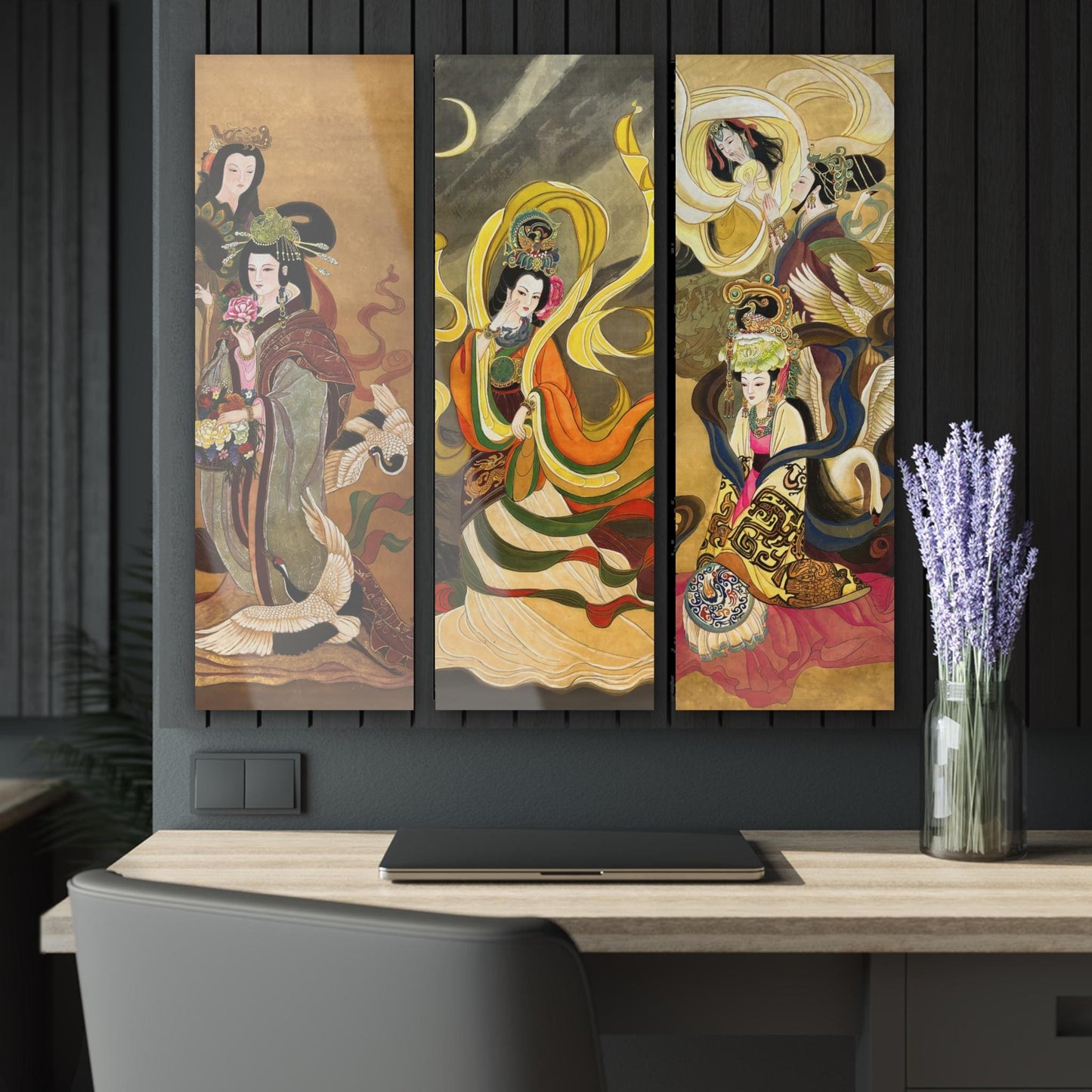 Set of 3 (Triptych) | Paintings of elegant women, cranes, beautiful silk robes | Acrylic Prints of water color paintings on silk