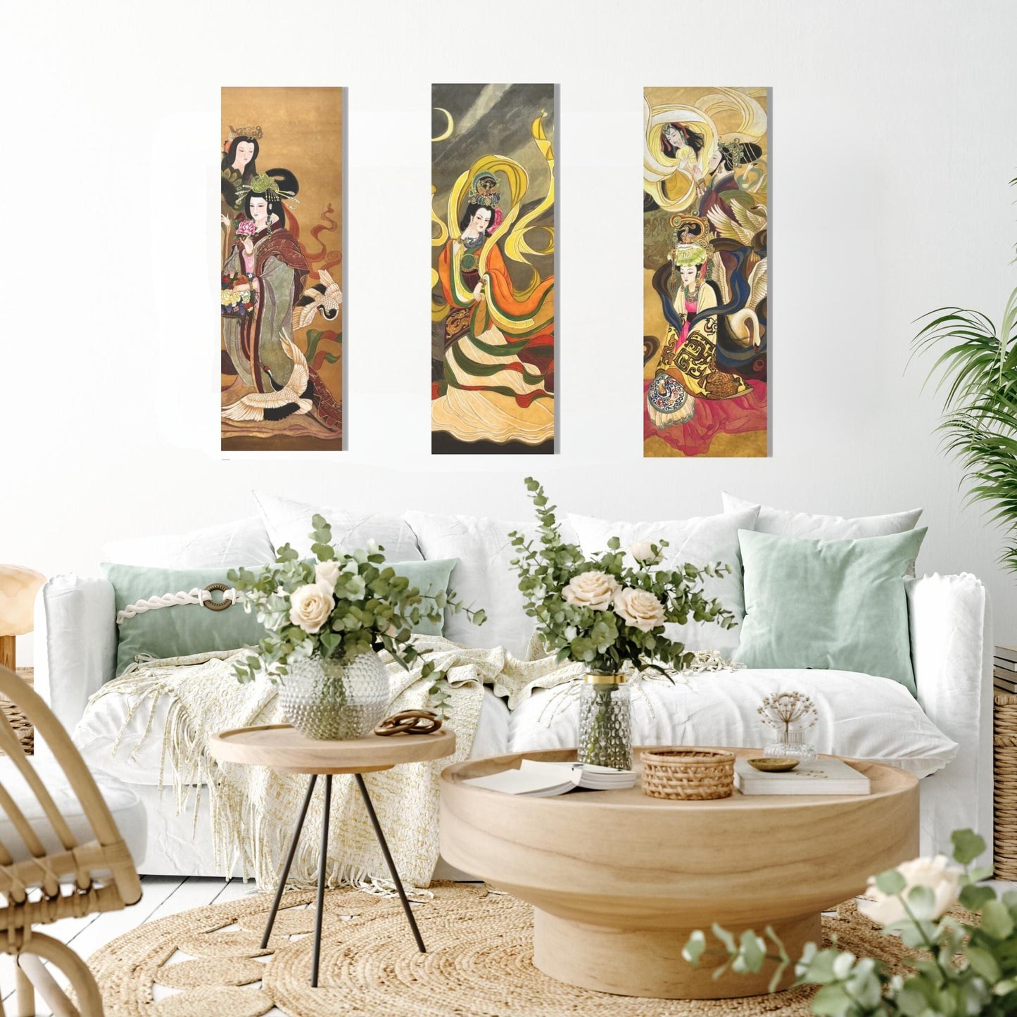 Set of 3 (Triptych) | Paintings of elegant women, cranes, beautiful silk robes | Acrylic Prints of water color paintings on silk