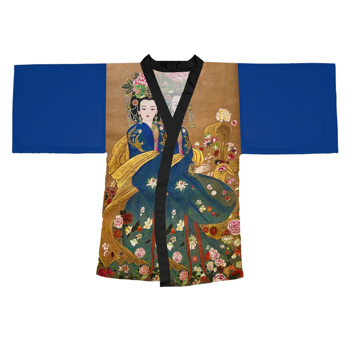 Long Sleeve Kimono Robe, print of an original hand-painted water color painting on silk of a flower Empress, flower Goddess