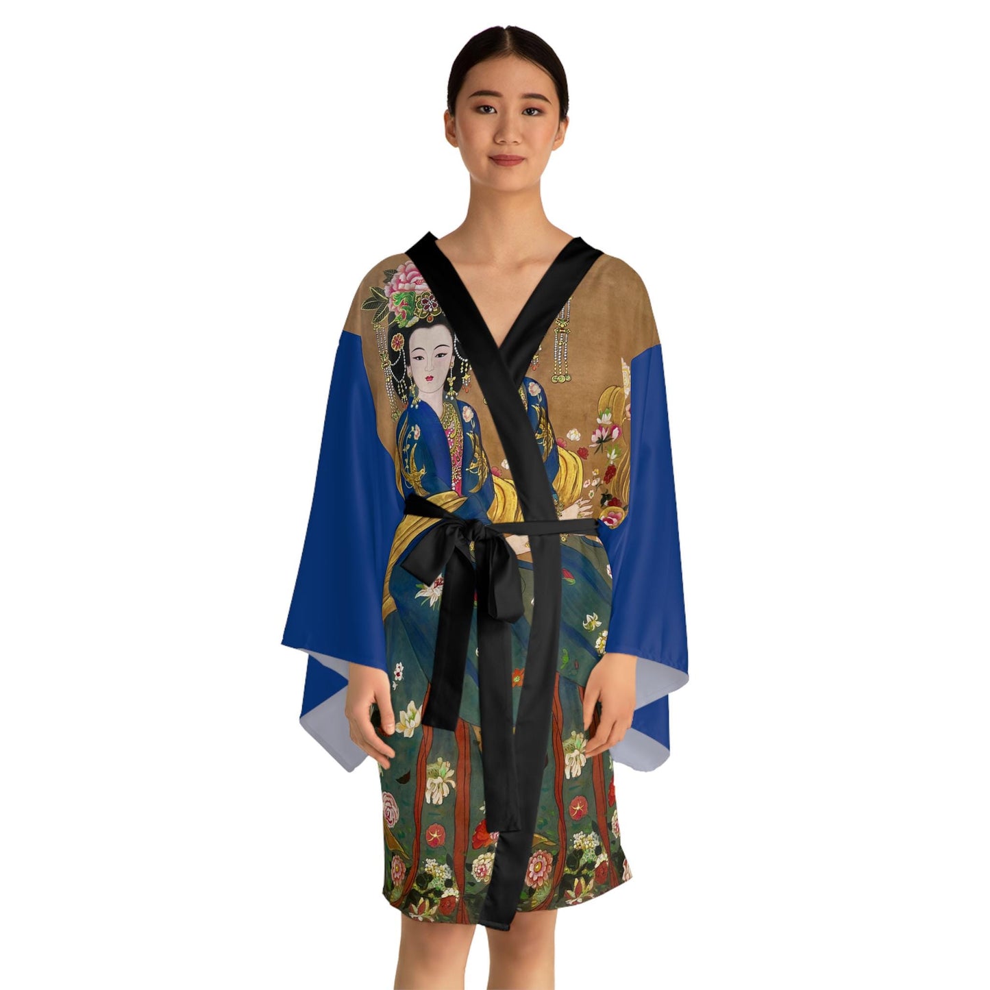 Long Sleeve Kimono Robe, print of an original hand-painted water color painting on silk of a flower Empress, flower Goddess