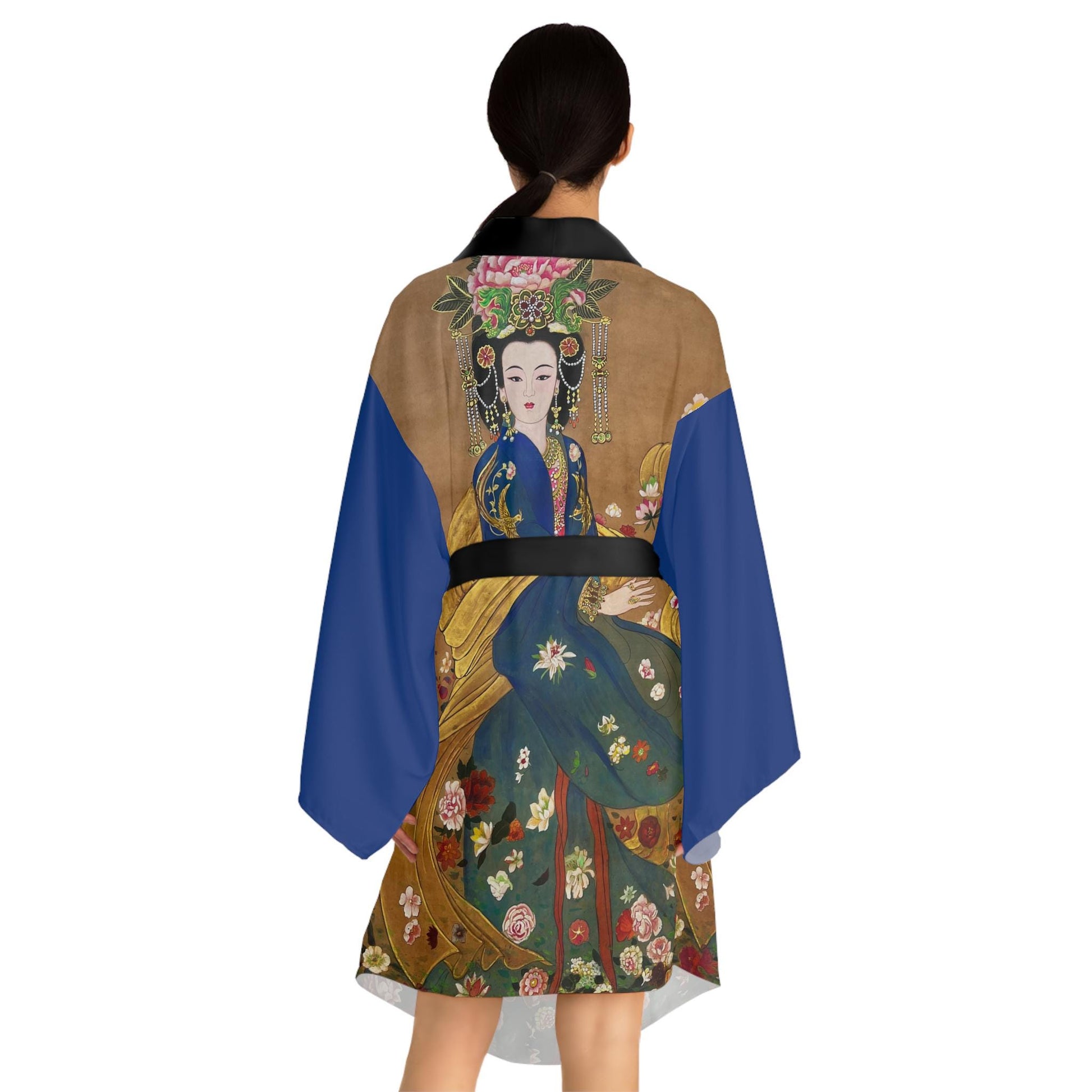 Long Sleeve Kimono Robe, print of an original hand-painted water color painting on silk of a flower Empress, flower Goddess