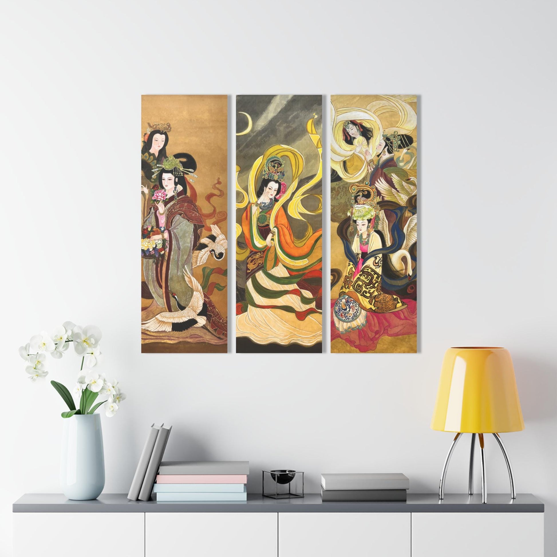 Set of 3 (Triptych) | Paintings of elegant women, cranes, beautiful silk robes | Acrylic Prints of water color paintings on silk