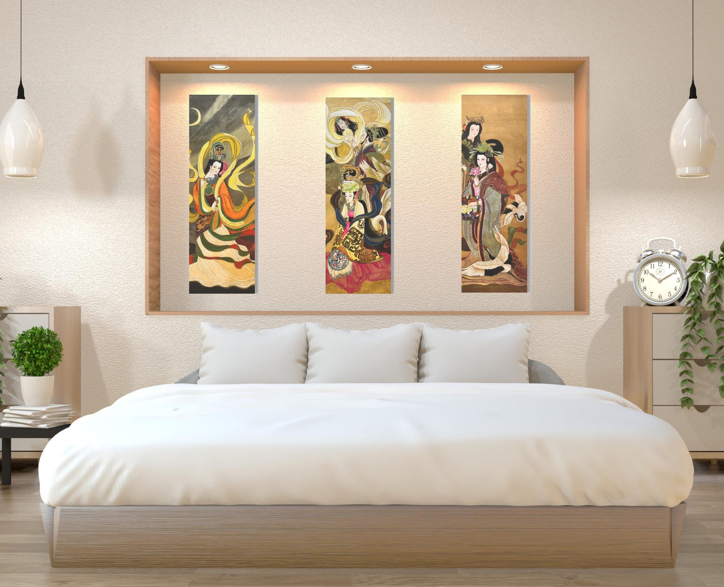 Set of 3 (Triptych) | Paintings of elegant women, cranes, beautiful silk robes | Acrylic Prints of water color paintings on silk