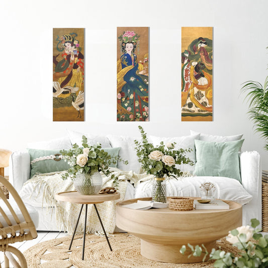 Set of 3 (Triptych) | Paintings of elegant women, cranes, beautiful silk robes | Acrylic Prints of water color paintings on silk