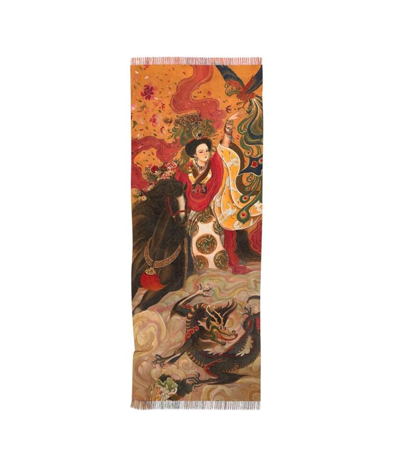 Elegant, Unique Light Scarf, Print water color painting, Chinese Empress, horse & dragon motif, Women Fashion Scarf, Chinese New Year gift