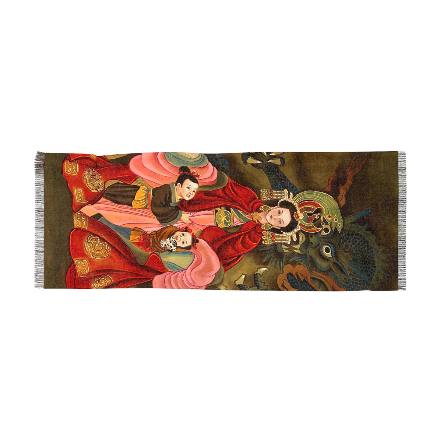 Women Fashion Scarf, Print of water color painting, Chinese Empress, her children, Cat, Phoenix & Dragon motifs, Chinese New Year gift