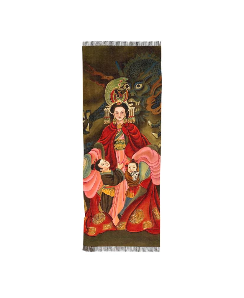 Women Fashion Scarf, Print of water color painting, Chinese Empress, her children, Cat, Phoenix & Dragon motifs, Chinese New Year gift