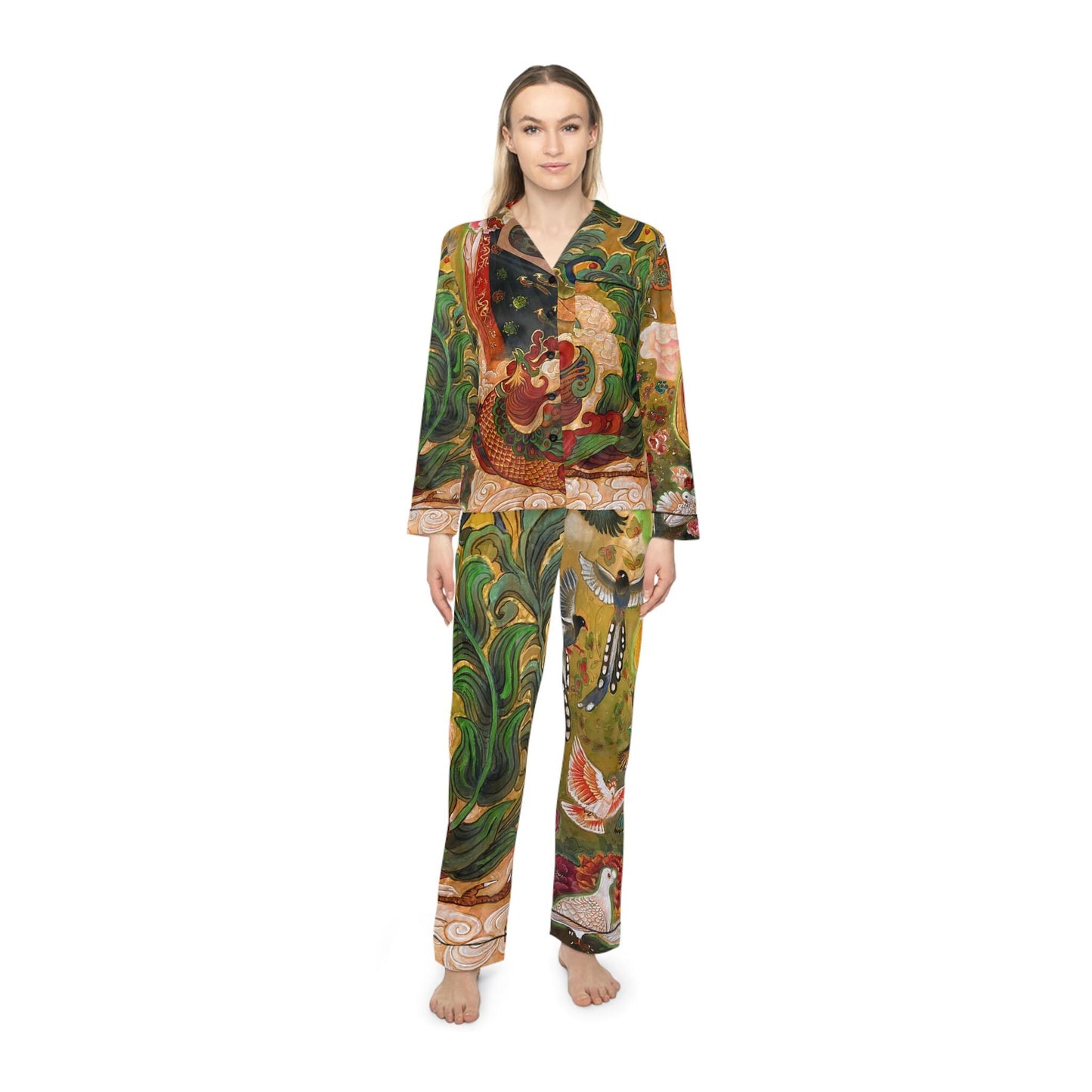 Satin Pajamas | Watercolor design by artist Xiang Li | Painting of Northern Song Dynasty Early Period Empress | floral theme vibrant colors