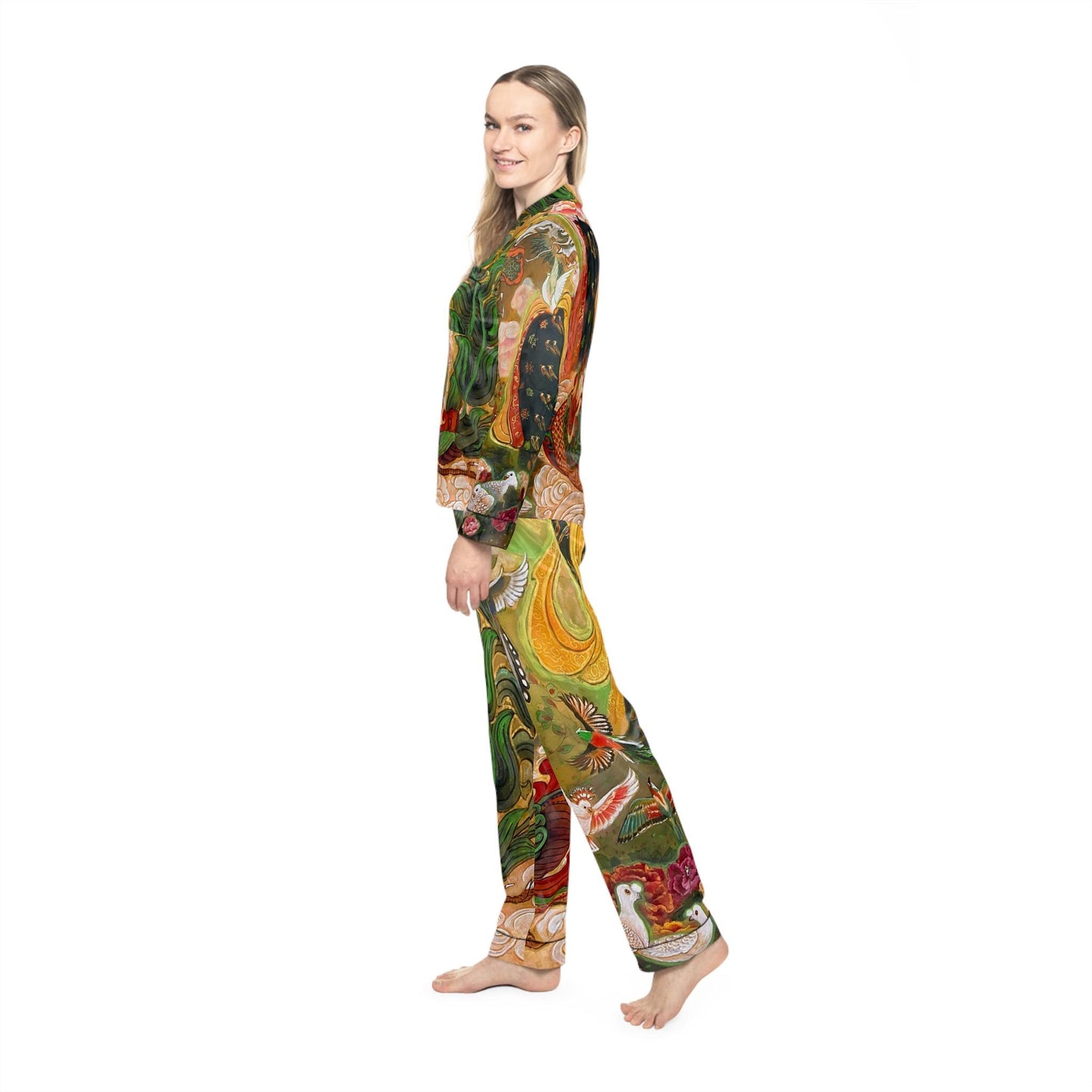 Satin Pajamas | Watercolor design by artist Xiang Li | Painting of Northern Song Dynasty Early Period Empress | floral theme vibrant colors