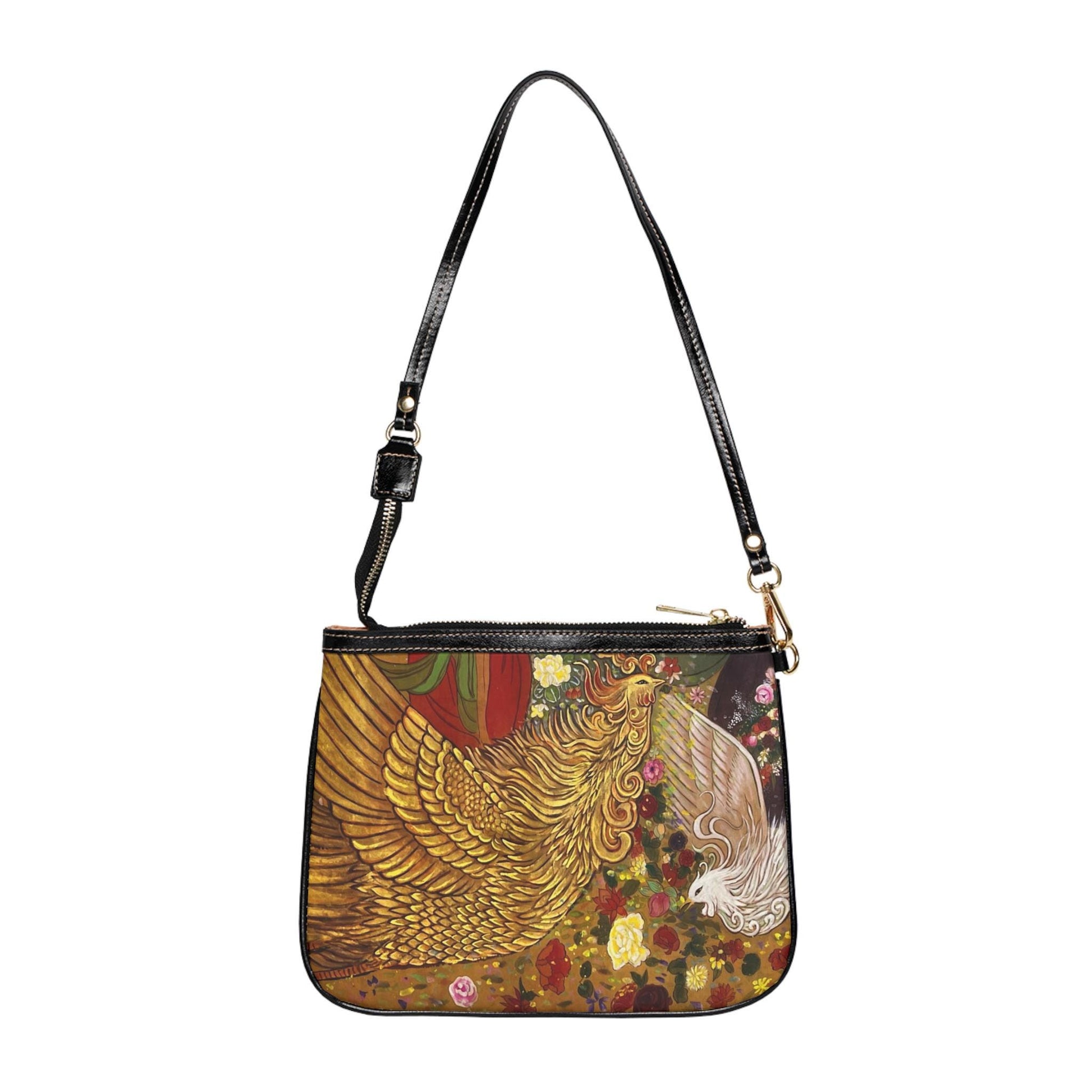 Small Shoulder Bag | Golden Phoenix, Roses, Peonies | Water color painting design by artist Xiang Li | Lunar New Year gift