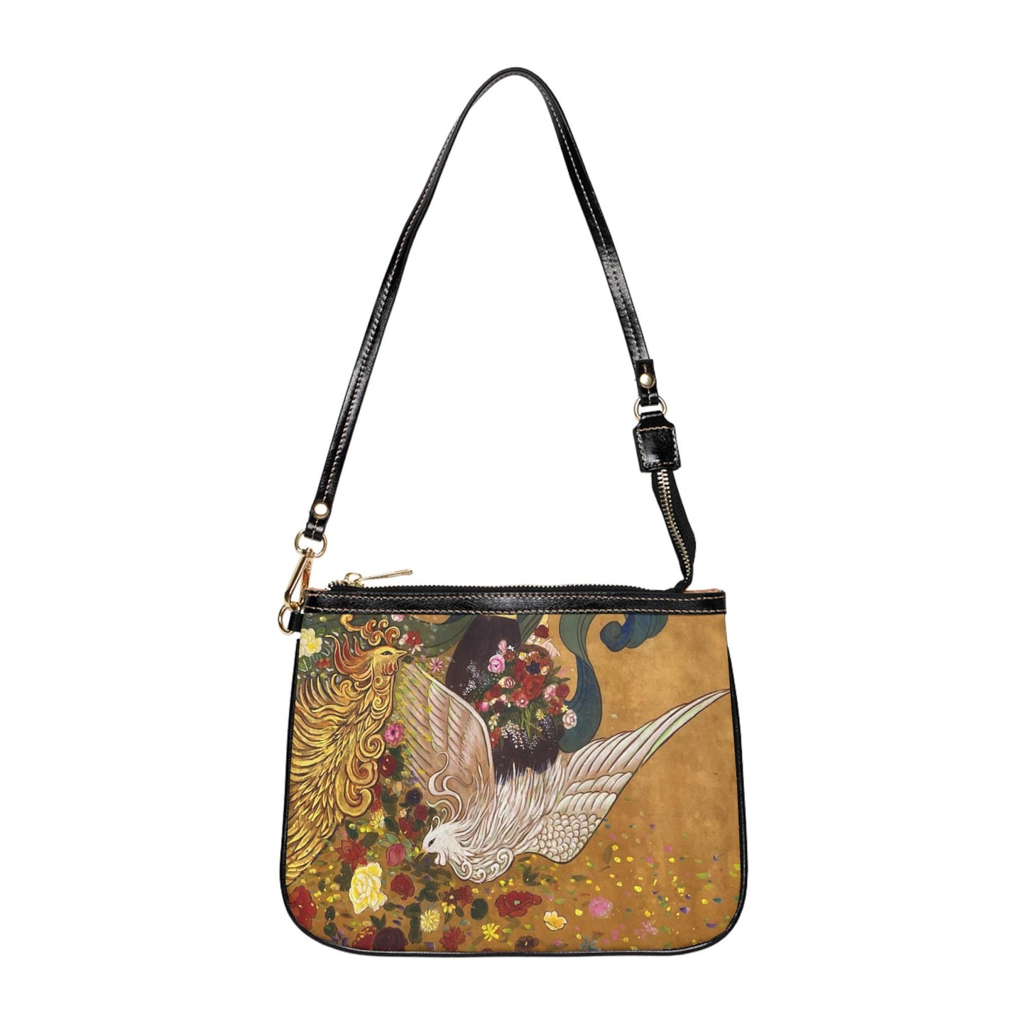 Small Shoulder Bag | Golden Phoenix, Roses, Peonies | Water color painting design by artist Xiang Li | Lunar New Year gift