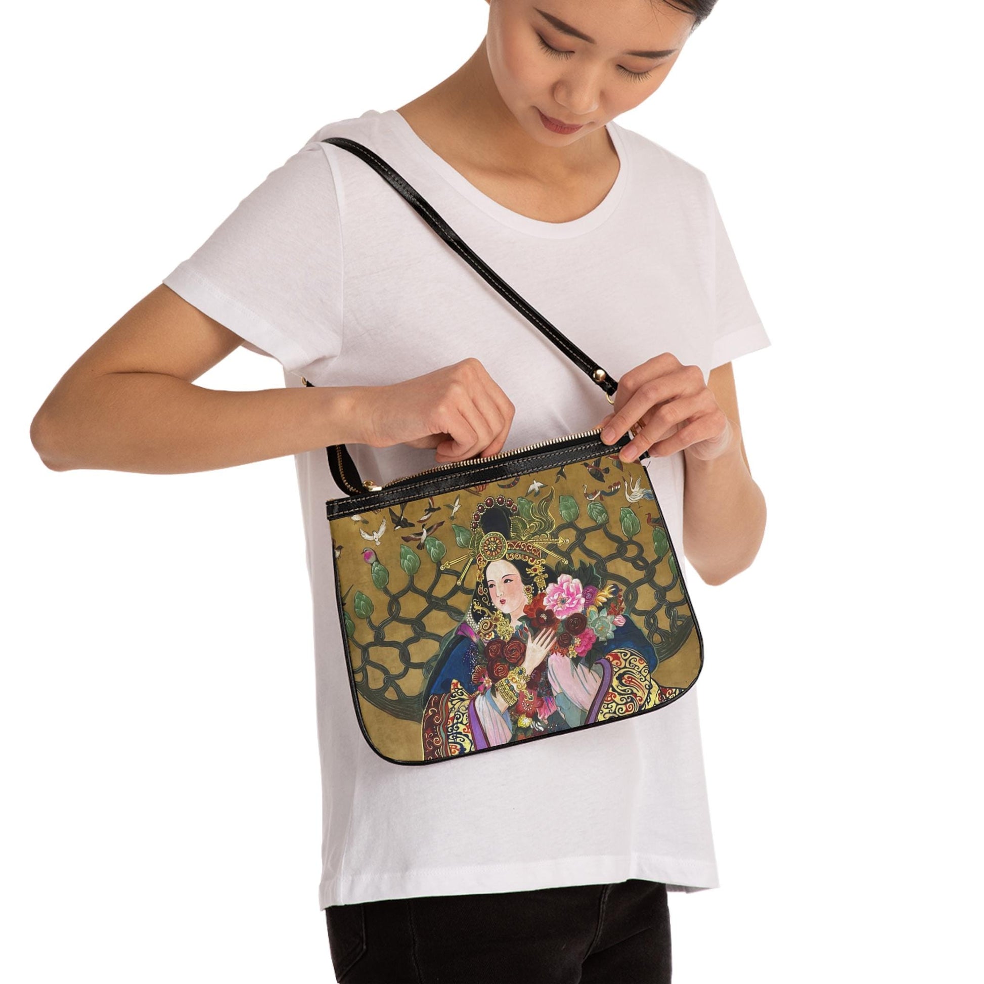 Small Shoulder Bag | Roses, Peonies, Birds, Phoenix | Water color painting design by artist Xiang Li | Lunar New Year gift