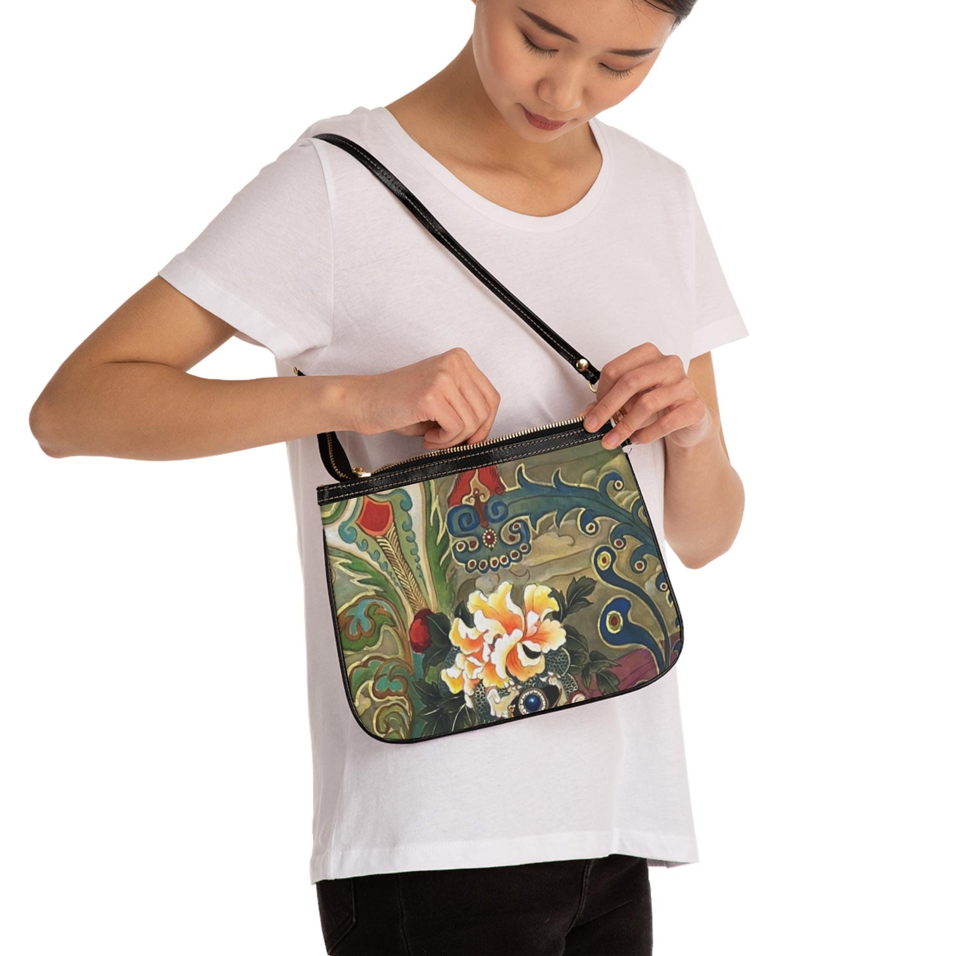 Small Shoulder Bag | Peony, Lily and Phoenix | Water color painting design by artist Xiang Li | Lunar New Year gift