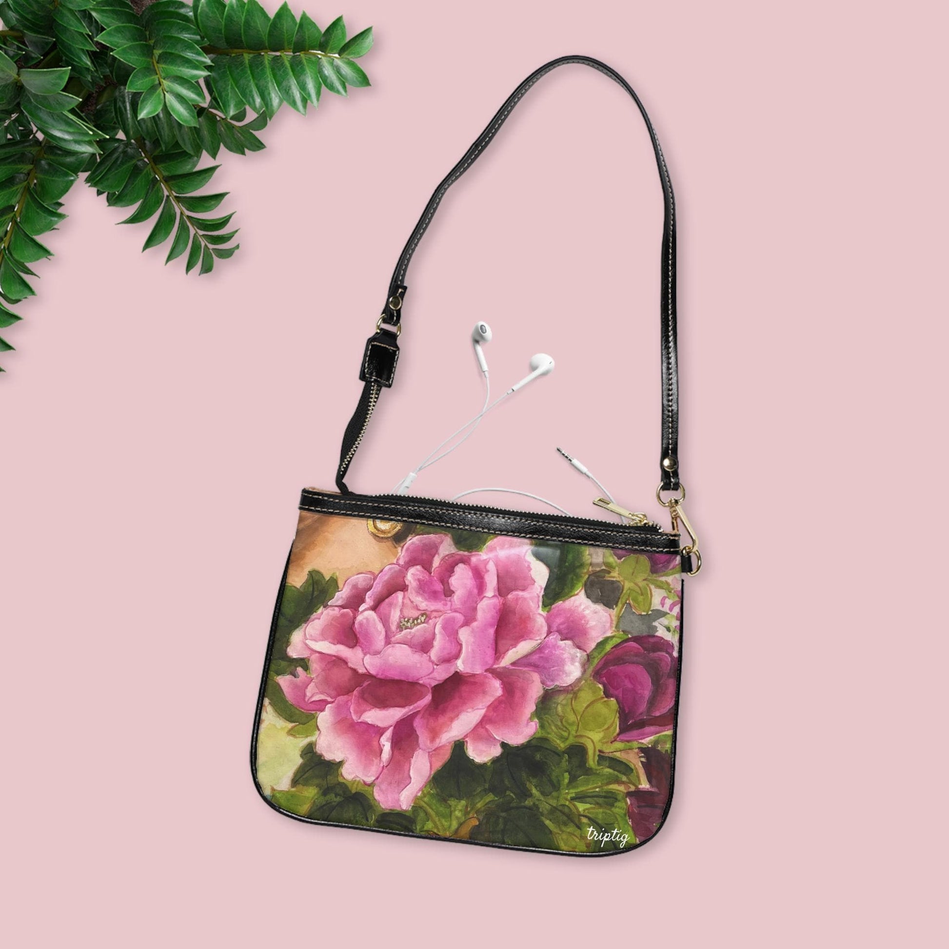 Small Shoulder Bag | Peony (front) and Dove (back) | Water color painting design by artist Xiang Li | Lunar New Year gift