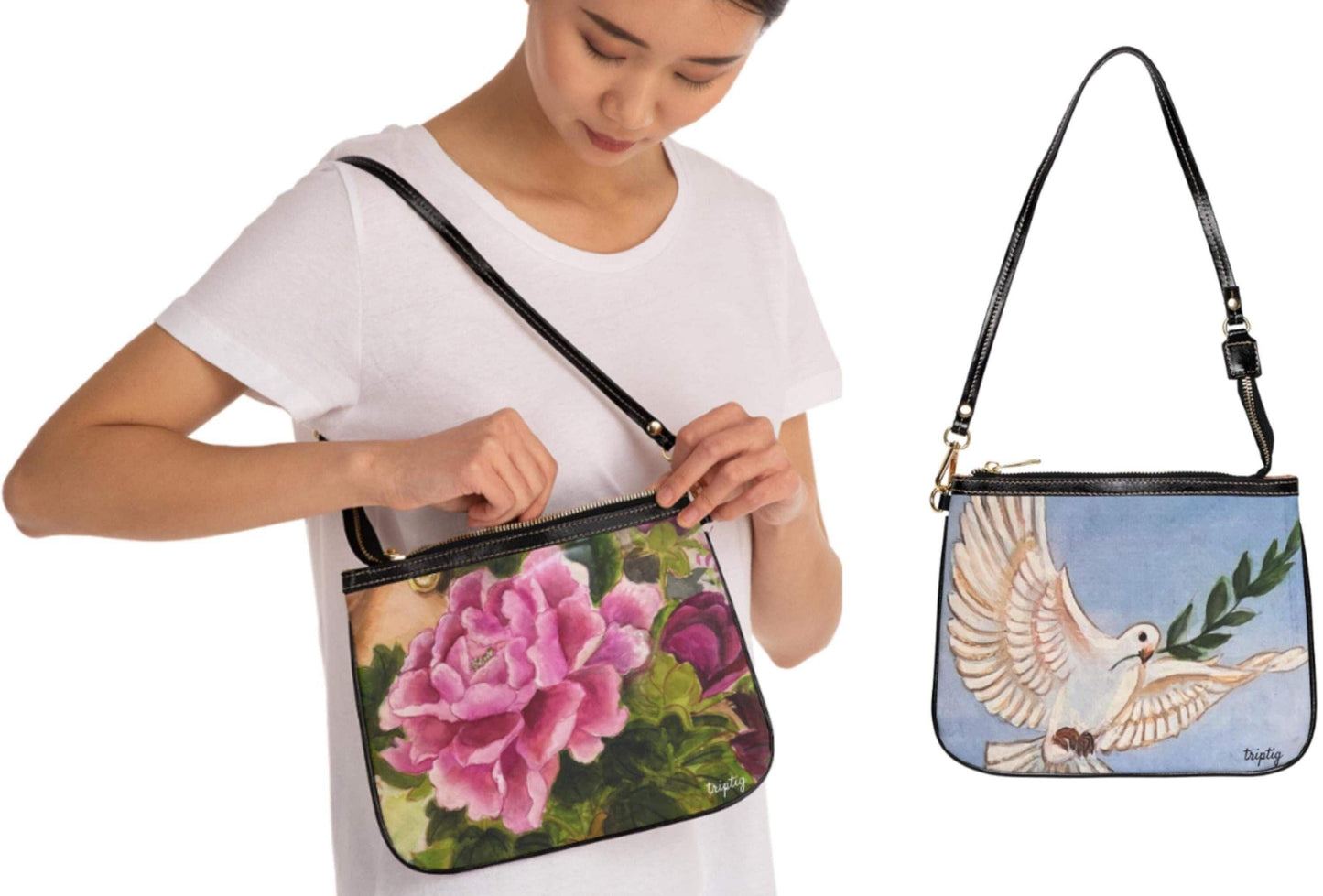 Small Shoulder Bag | Peony (front) and Dove (back) | Water color painting design by artist Xiang Li | Lunar New Year gift