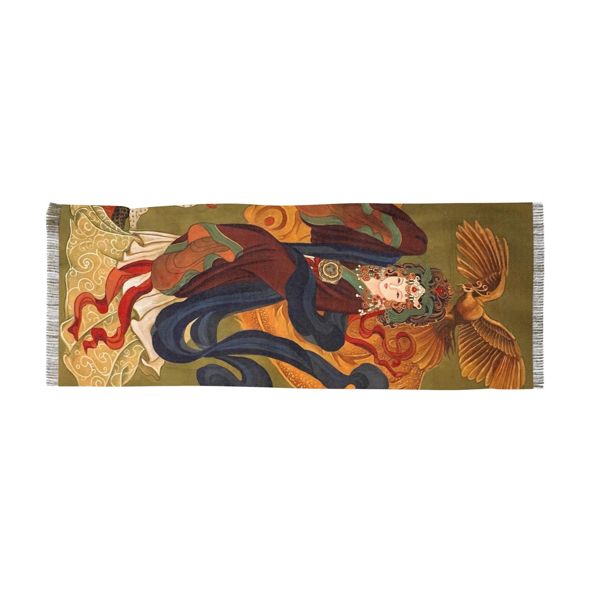 Unique Design Women Fashion Scarf, Asian Empress with Golden Phoenix painting, Print of water color on silk art, Chinese New Year gift