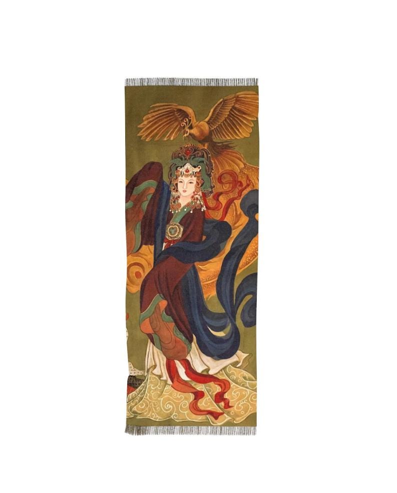 Unique Design Women Fashion Scarf, Asian Empress with Golden Phoenix painting, Print of water color on silk art, Chinese New Year gift