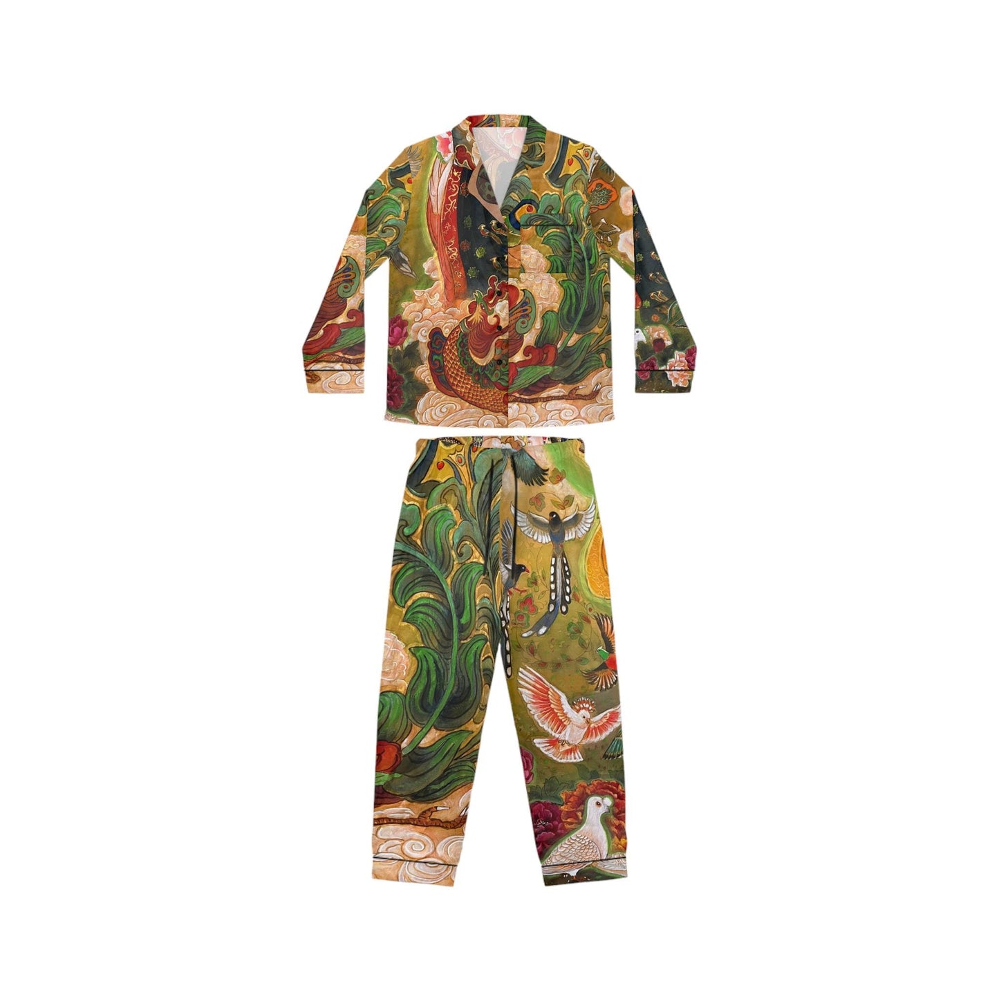 Satin Pajamas | Watercolor design by artist Xiang Li | Painting of Northern Song Dynasty Early Period Empress | floral theme vibrant colors