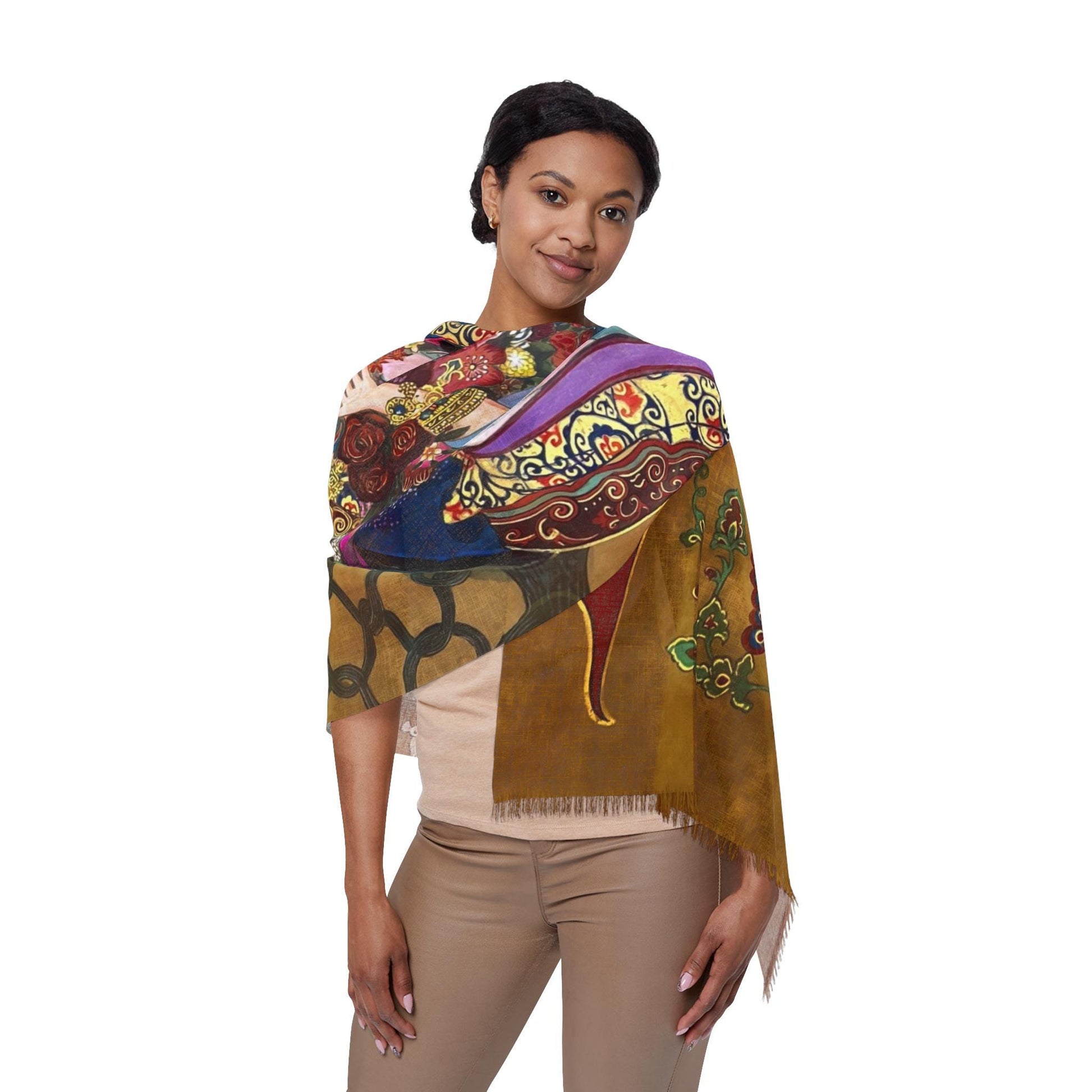 Phoenix and Birds Light Scarf featuring Empress Zhang Yan, water color painting, women fashion scarf, Chinese New Year gift