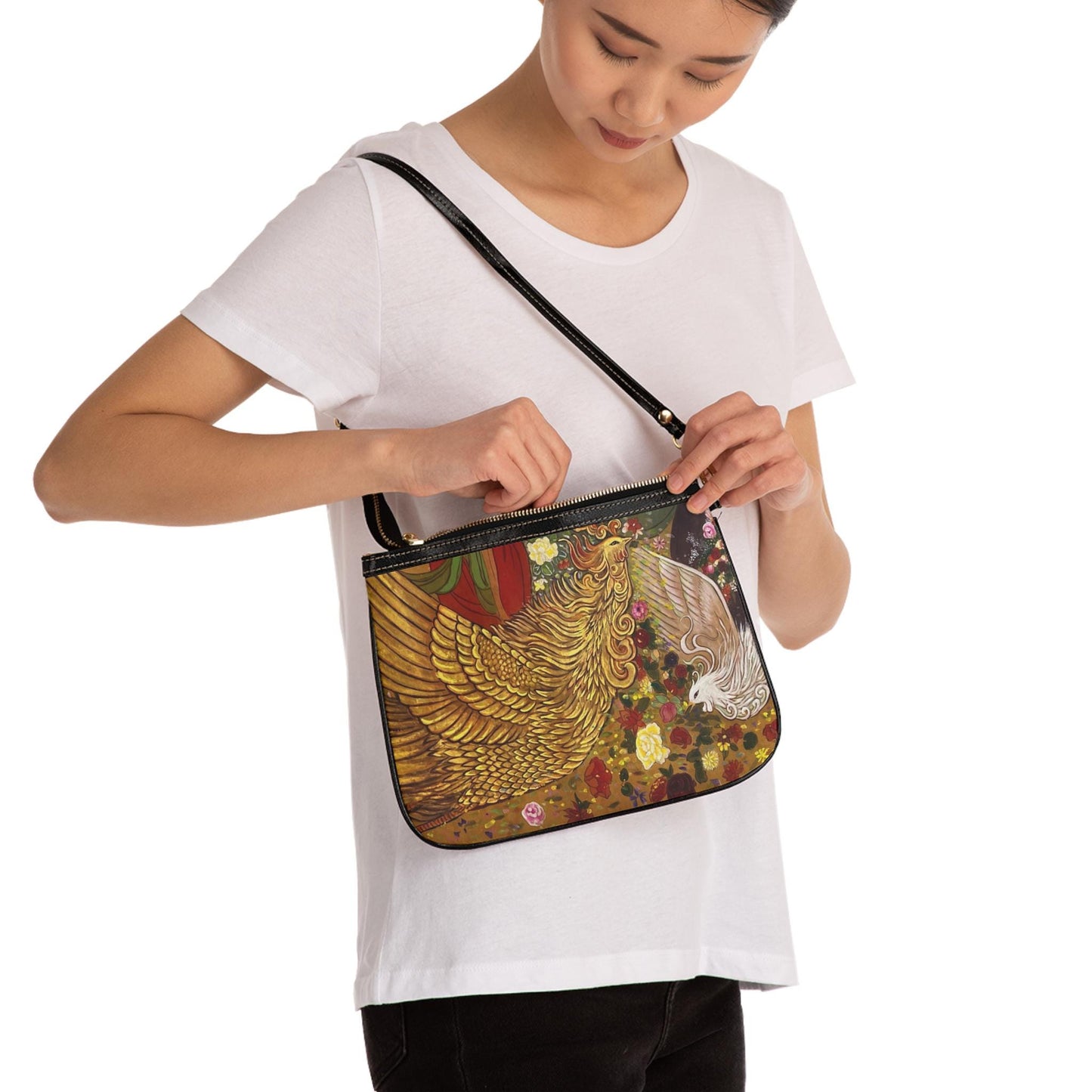 Small Shoulder Bag | Golden Phoenix, Roses, Peonies | Water color painting design by artist Xiang Li | Lunar New Year gift