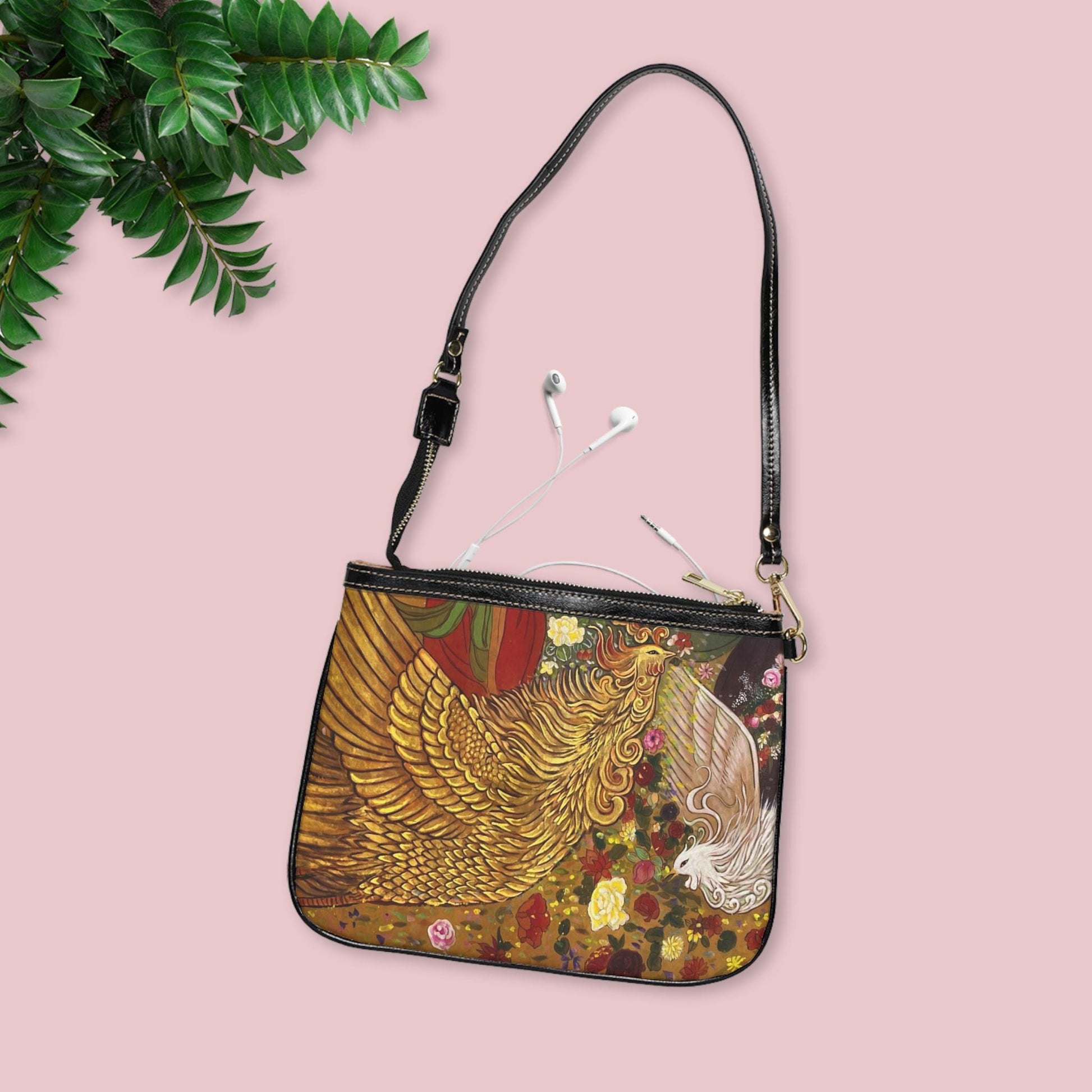 Small Shoulder Bag | Golden Phoenix, Roses, Peonies | Water color painting design by artist Xiang Li | Lunar New Year gift