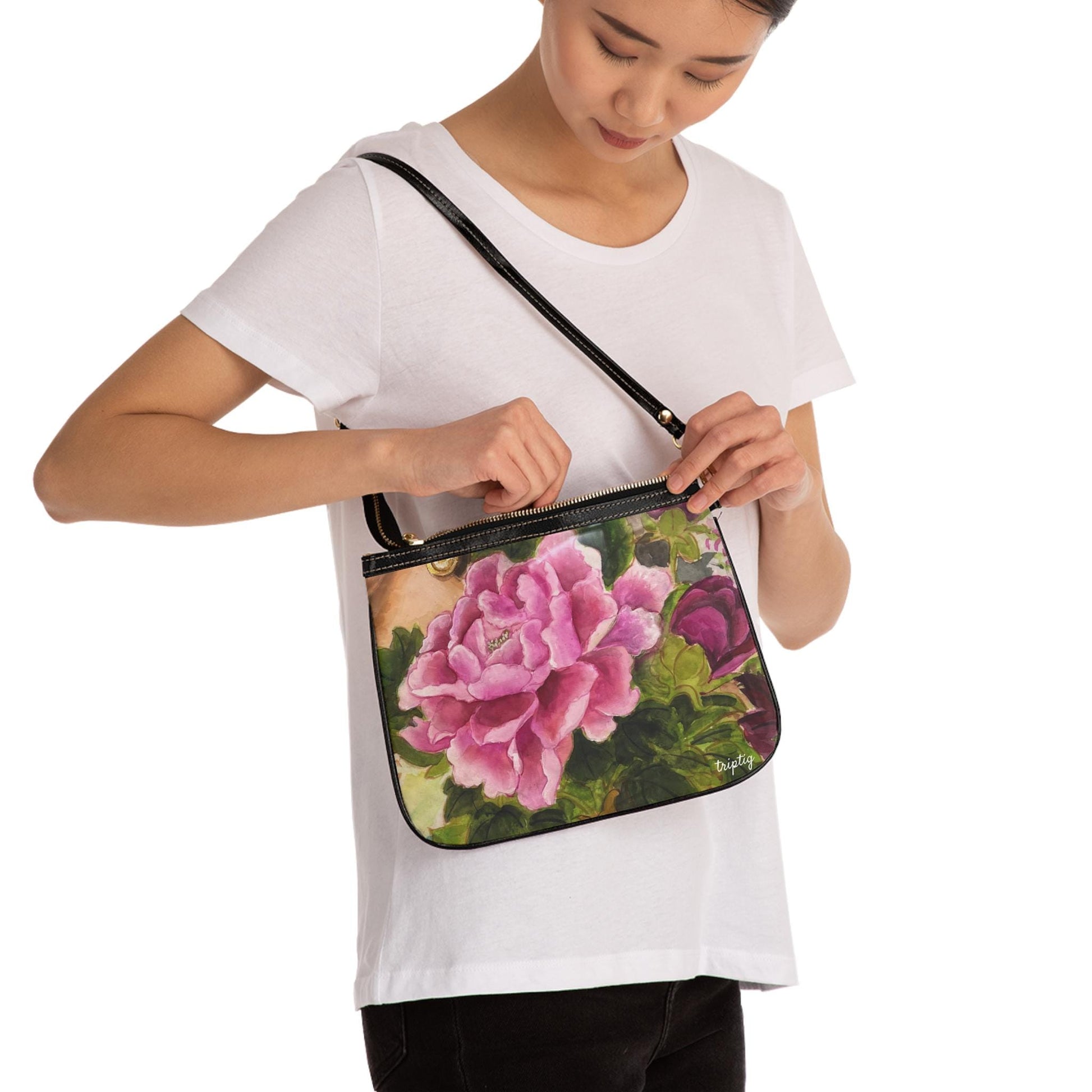 Small Shoulder Bag | Peony (front) and Dove (back) | Water color painting design by artist Xiang Li | Lunar New Year gift