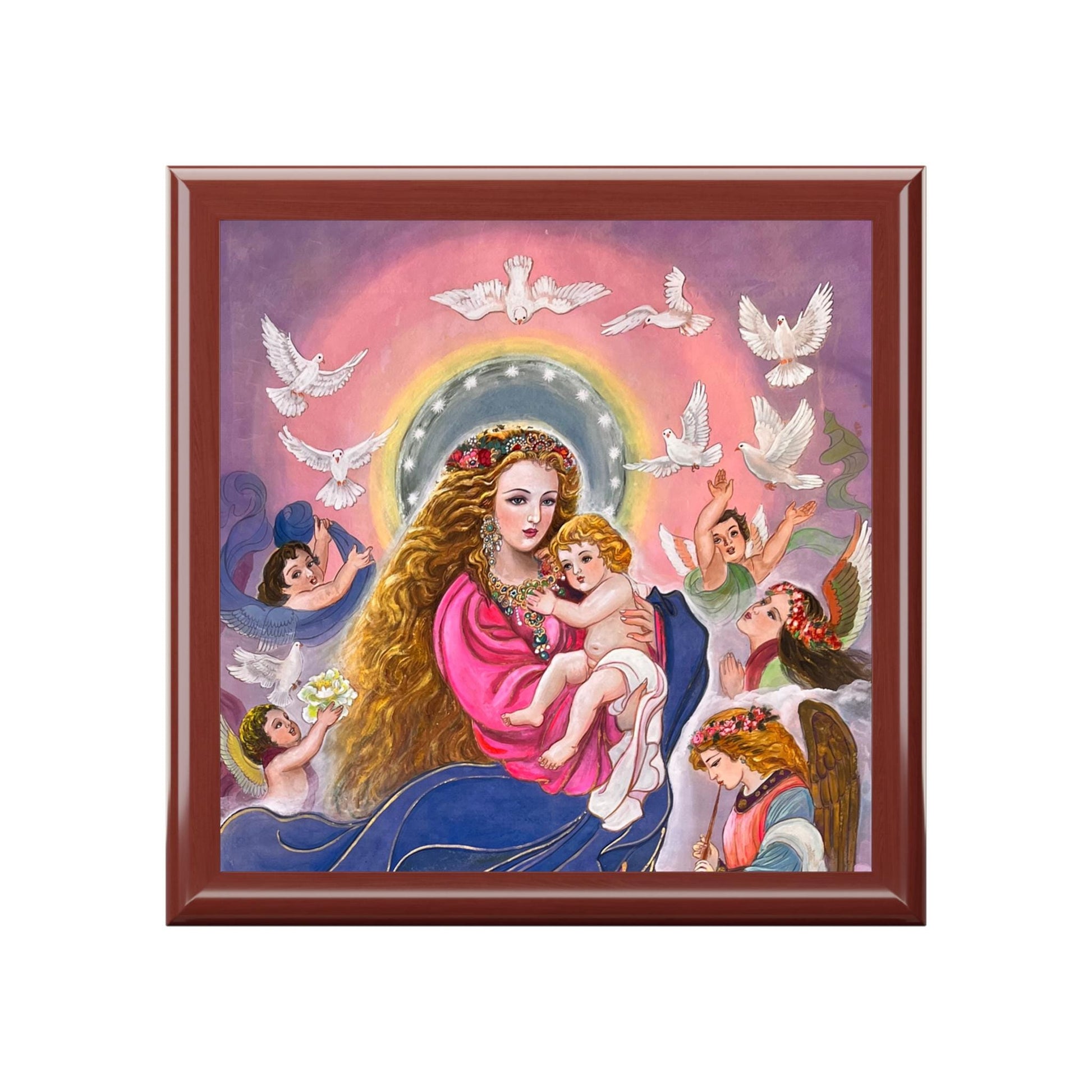 Madonna & Child Jewelry Box, Virgin Mary and Baby Jesus Watercolor Silk Print by Xiang Li, Perfect Christmas Gift