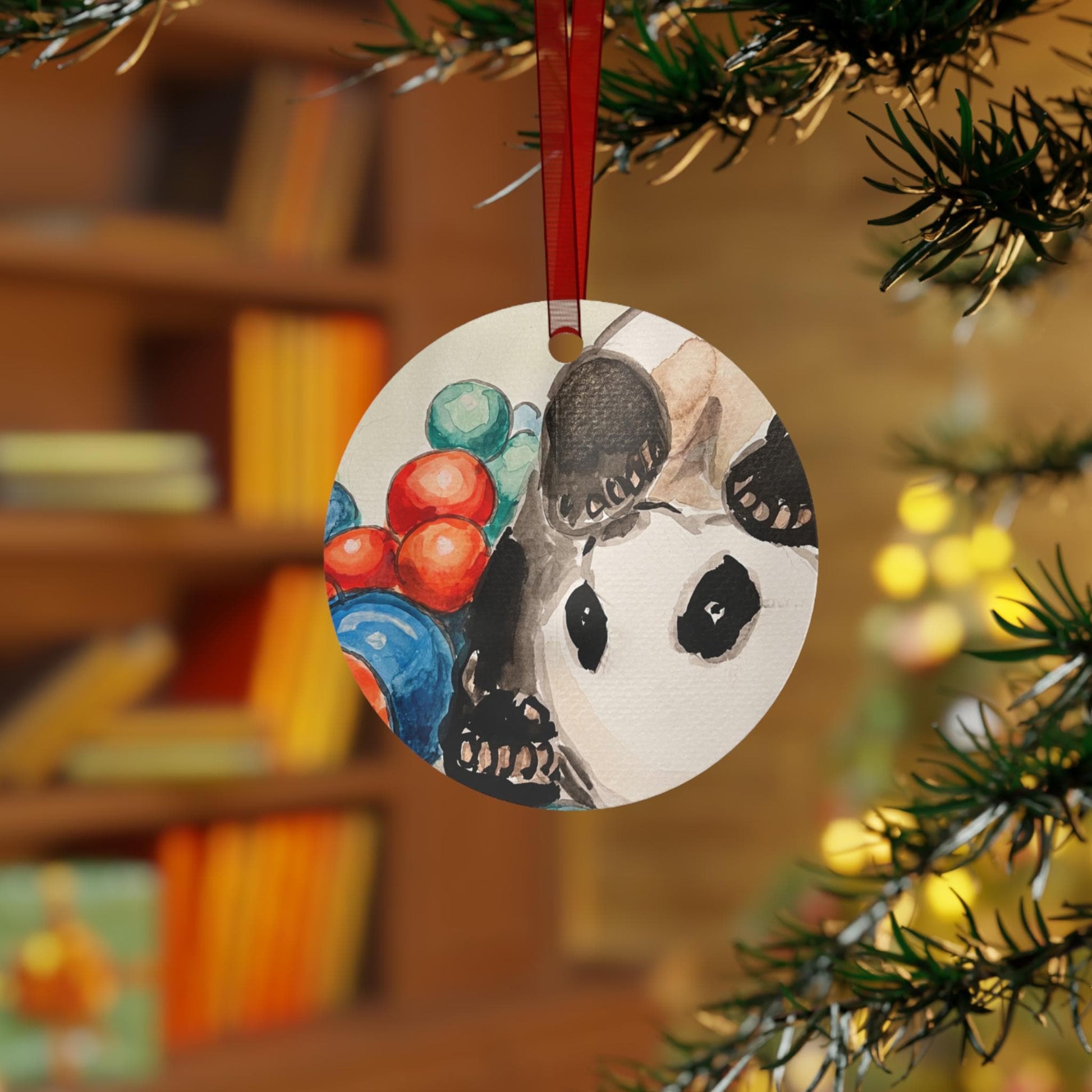 Personalized Metal Ornament, Cute Hand Painted Watercolor Panda & Balls Design, Christmas Tree Decoration, Chinese New Year, All-Year Decor