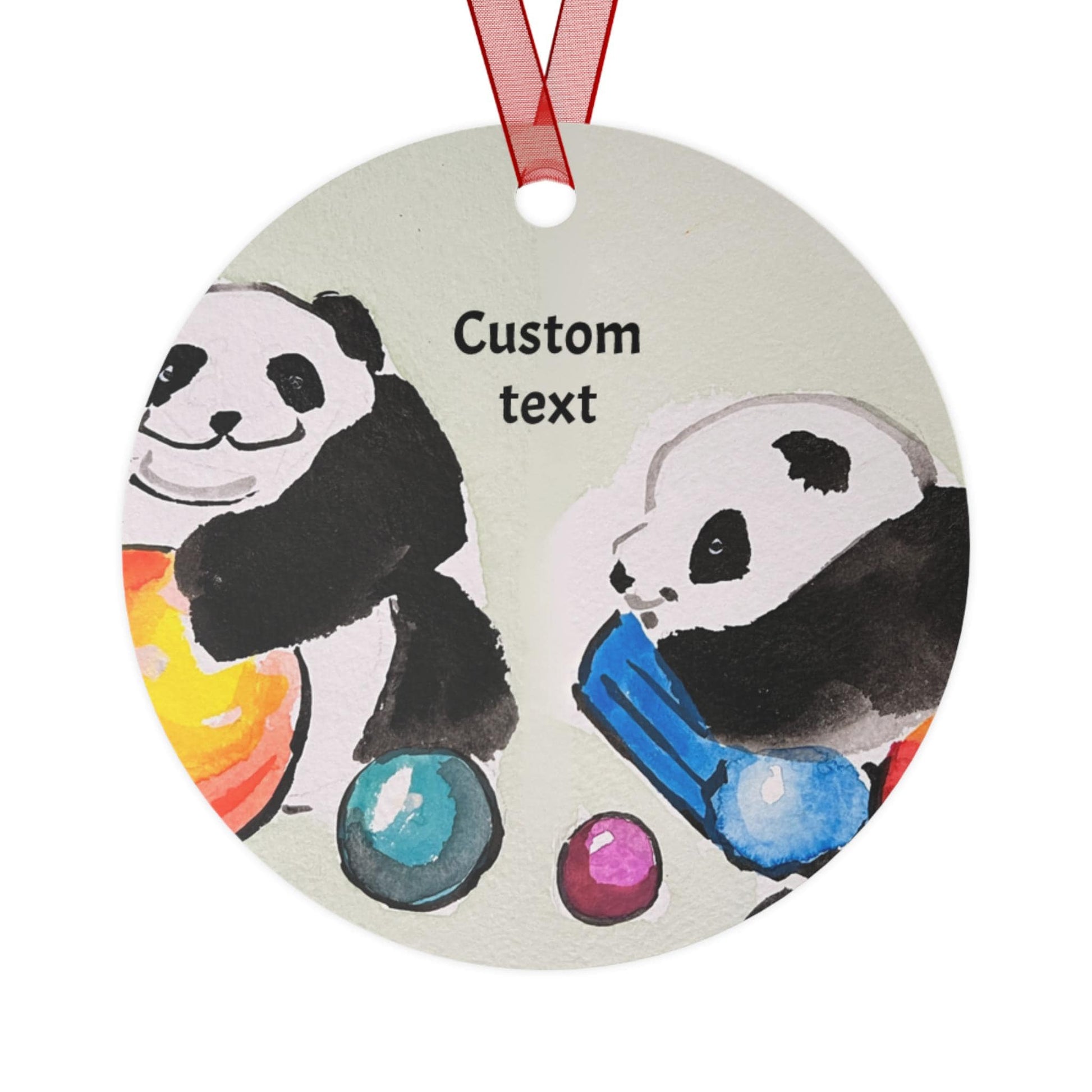 Personalized Metal Ornament, Hand Painted Watercolor, Playful Pandas Design, Christmas Tree Decoration, Chinese New Year, All-Year Decor