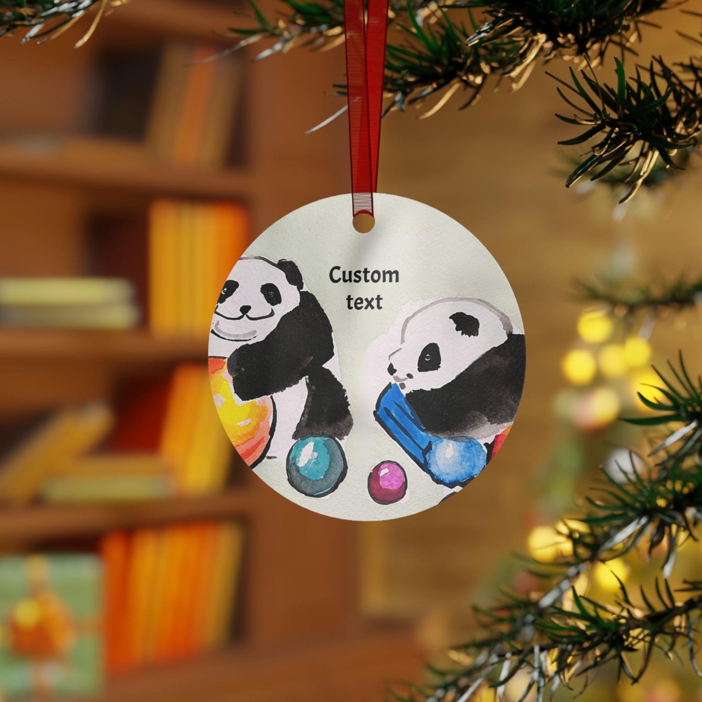 Personalized Metal Ornament, Hand Painted Watercolor, Playful Pandas Design, Christmas Tree Decoration, Chinese New Year, All-Year Decor