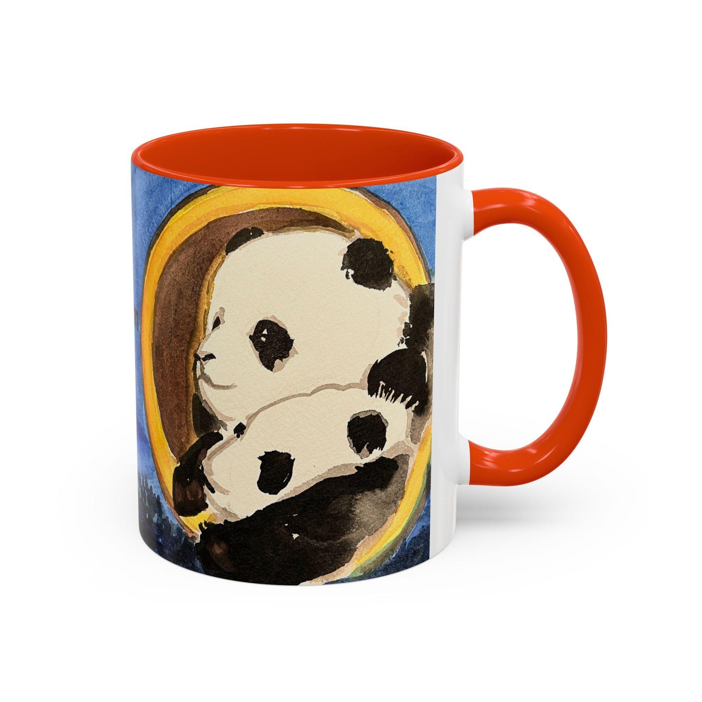 Pandas and the Moon Mug, Cute Watercolor Design, Choose from 12 colors, Coffee, Tea Mug, Hand Painted Design by artist Xiang Li