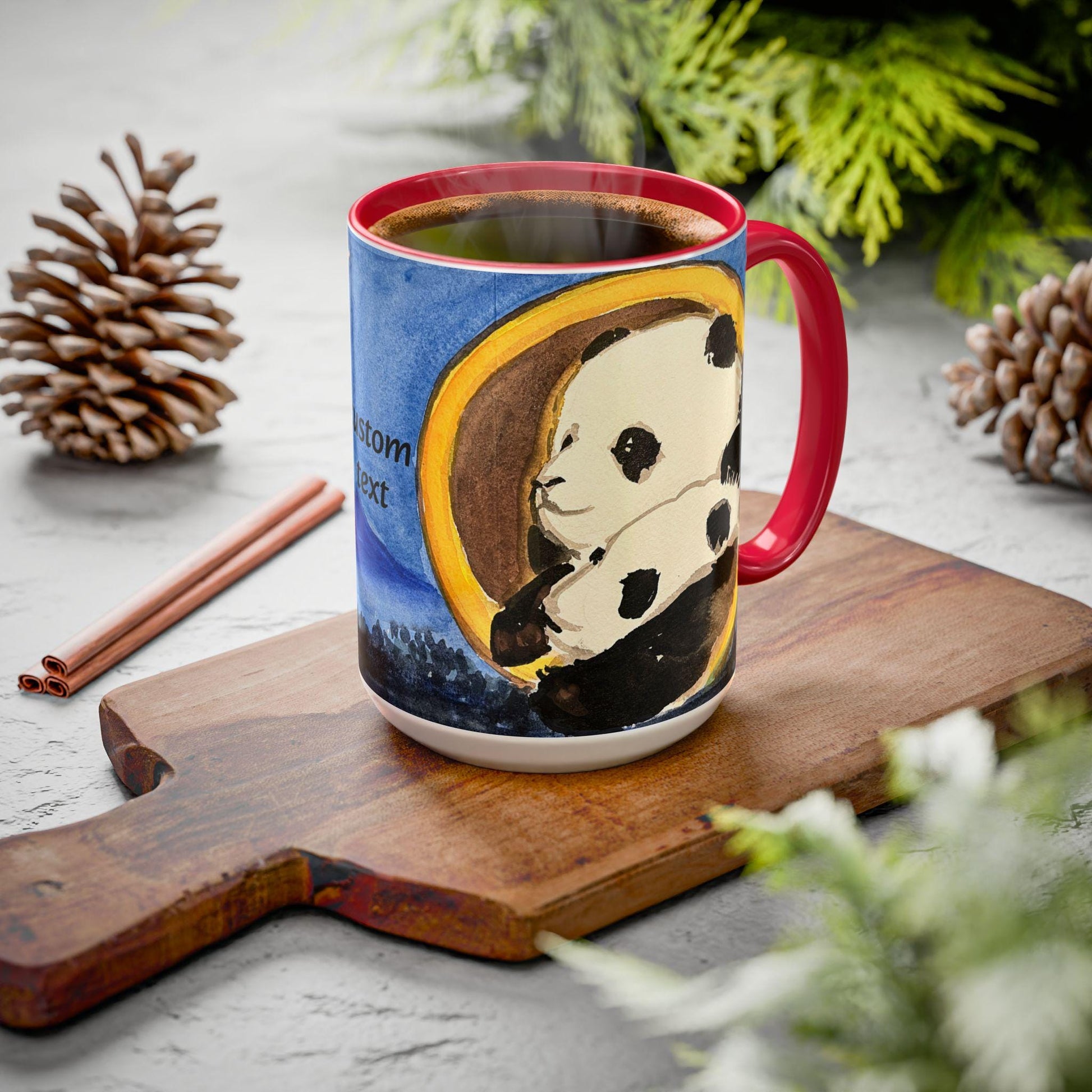 Pandas and the Moon Mug, Cute Watercolor Design, Choose from 12 colors, Coffee, Tea Mug, Hand Painted Design by artist Xiang Li