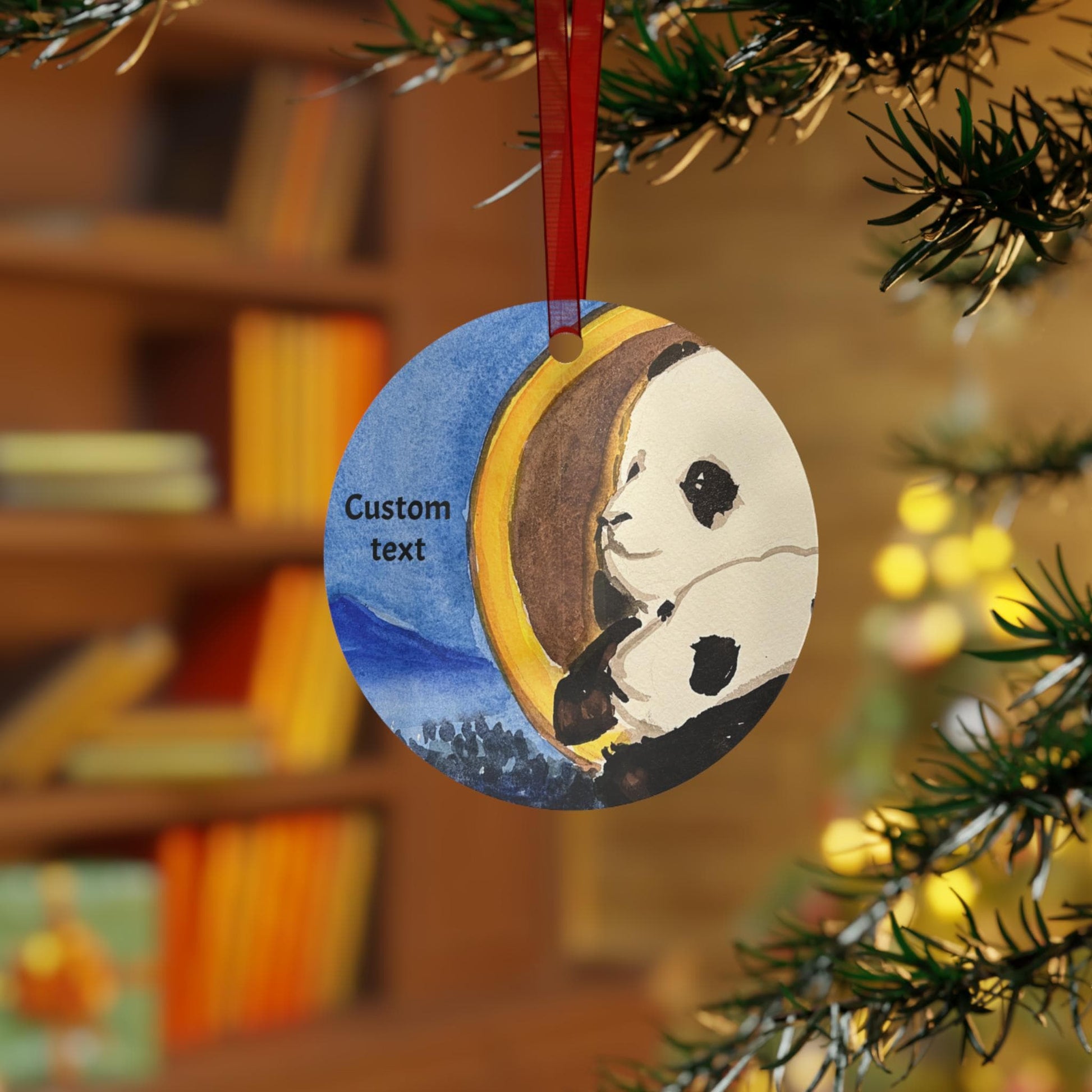 Personalized Metal Ornament, Hand Painted Watercolor, Pandas & the Moon Design, Christmas Tree Decoration, Chinese New Year, All-Year Decor