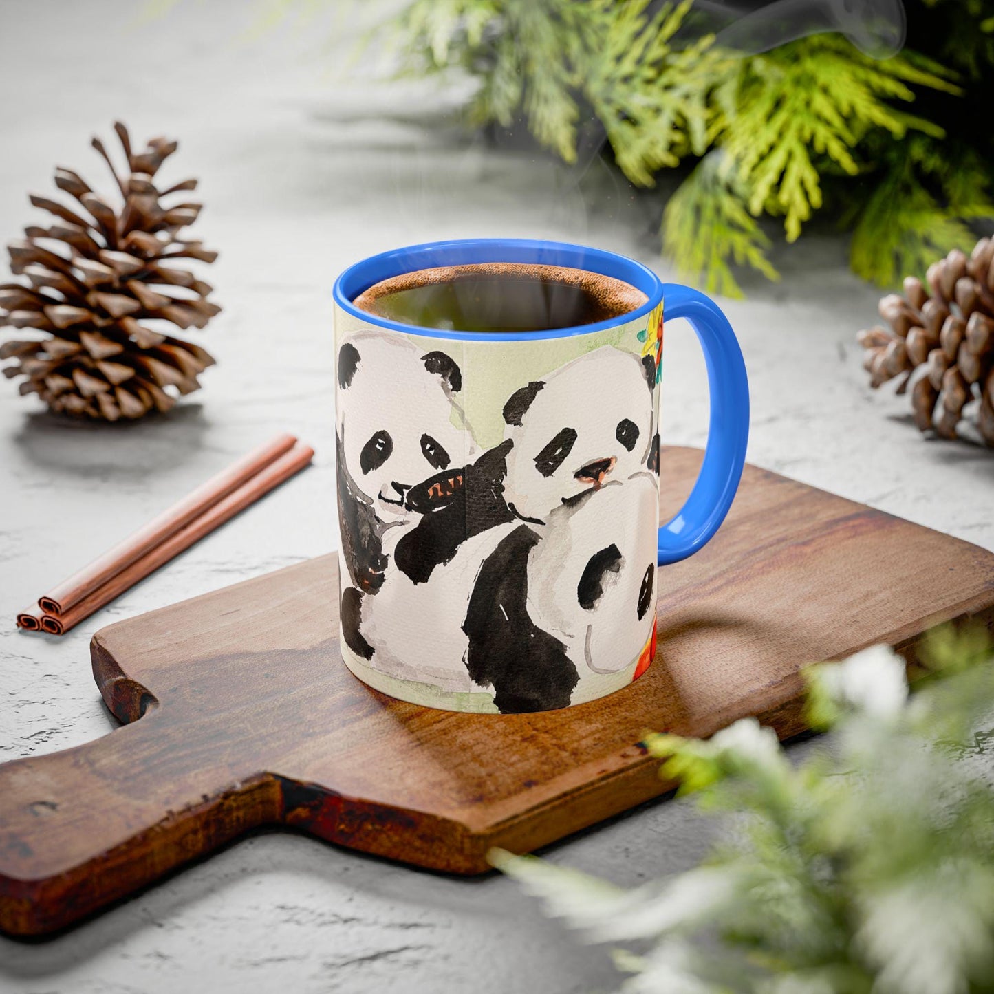 Pandas in the Garden Mug, Cute Watercolor Design, Choose from 12 colors, Coffee, Tea Mug, Hand Painted Design by artist Xiang Li