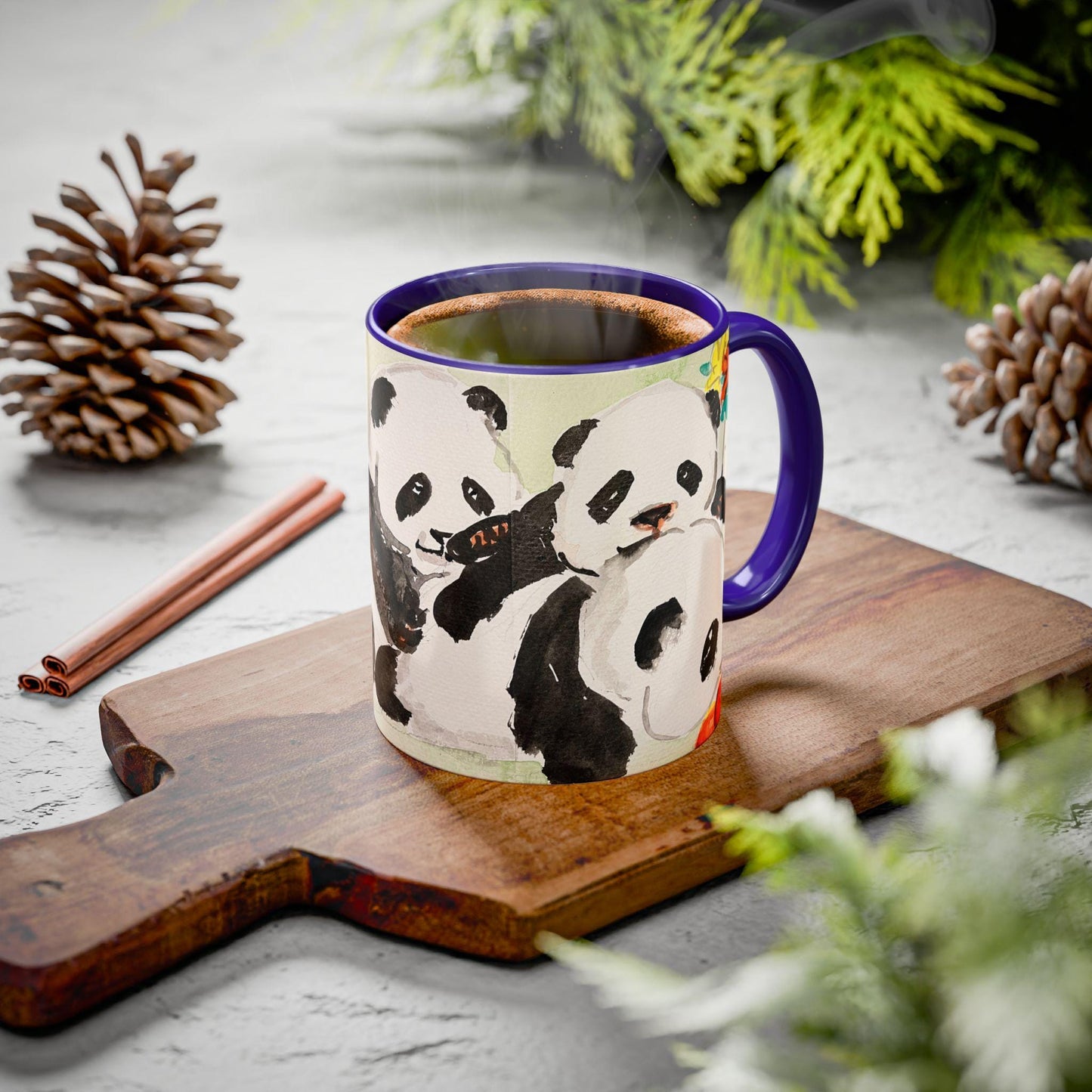 Pandas in the Garden Mug, Cute Watercolor Design, Choose from 12 colors, Coffee, Tea Mug, Hand Painted Design by artist Xiang Li