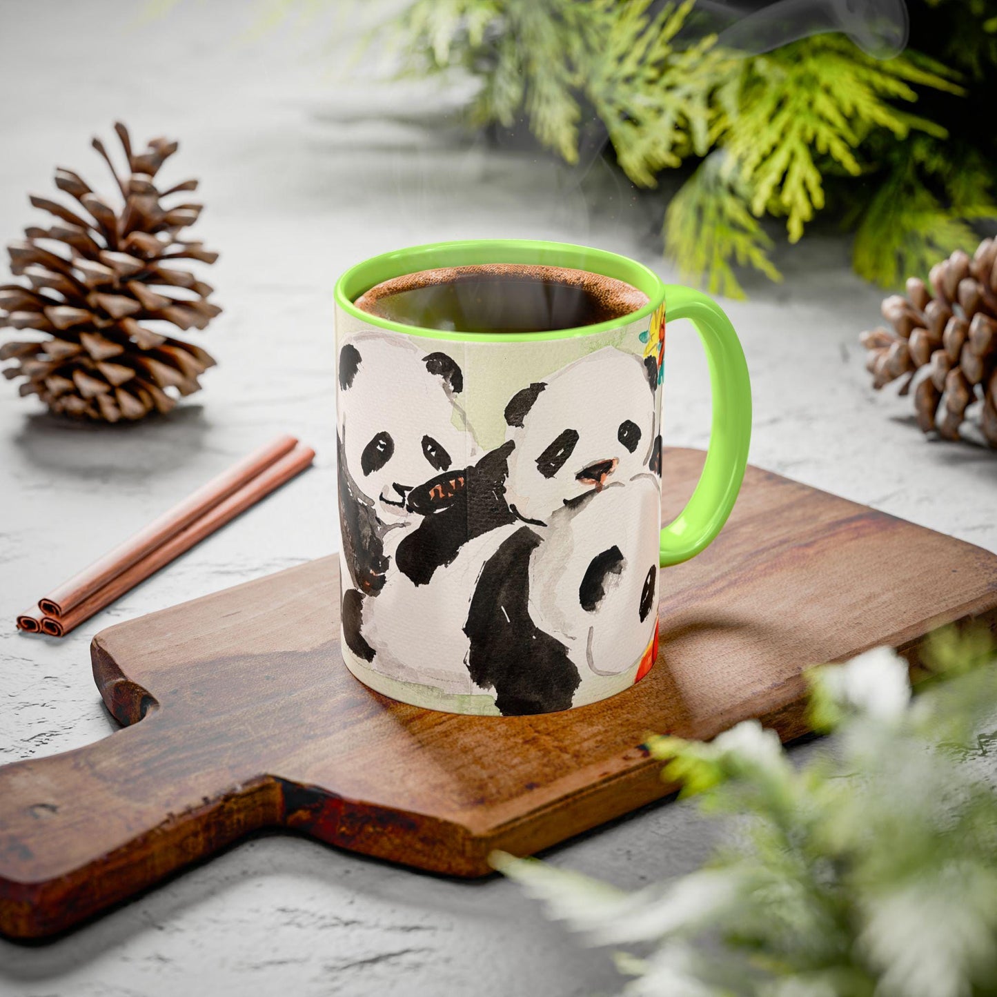 Pandas in the Garden Mug, Cute Watercolor Design, Choose from 12 colors, Coffee, Tea Mug, Hand Painted Design by artist Xiang Li