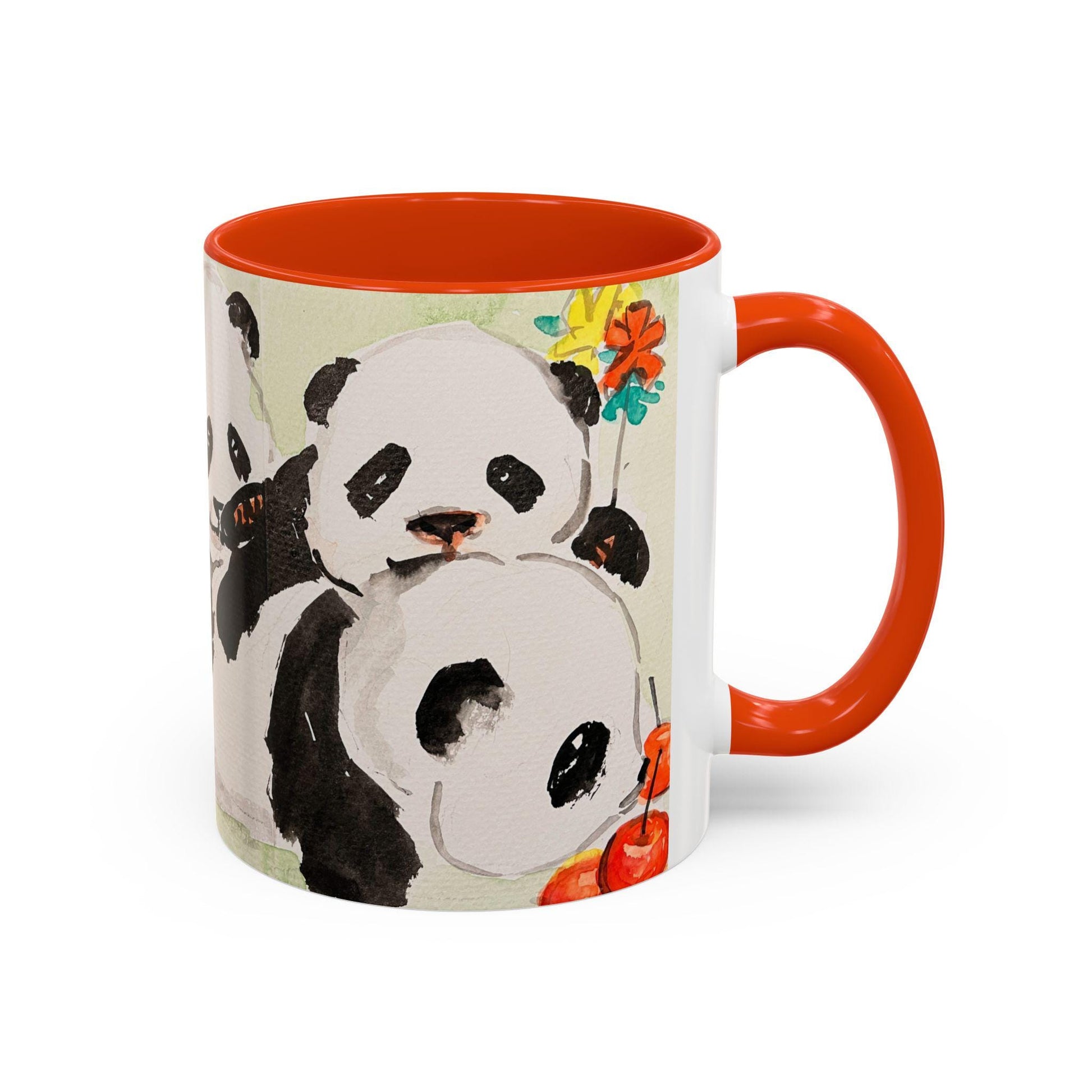 Pandas in the Garden Mug, Cute Watercolor Design, Choose from 12 colors, Coffee, Tea Mug, Hand Painted Design by artist Xiang Li