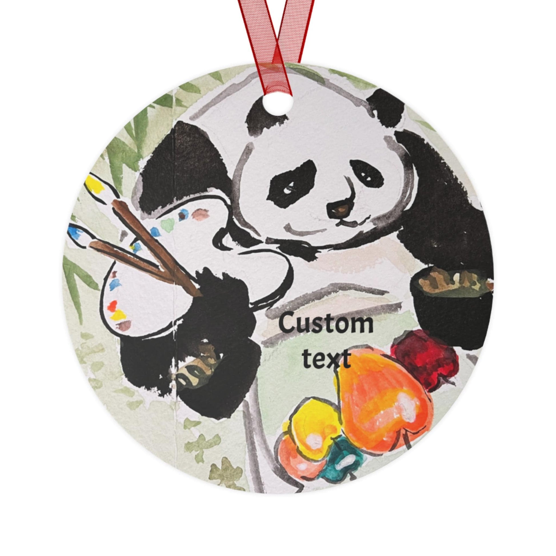 Personalized Metal Ornament, Hand Painted Watercolor, Artist Panda Design, Christmas Tree Decoration, Chinese New Year, All-Year Decor