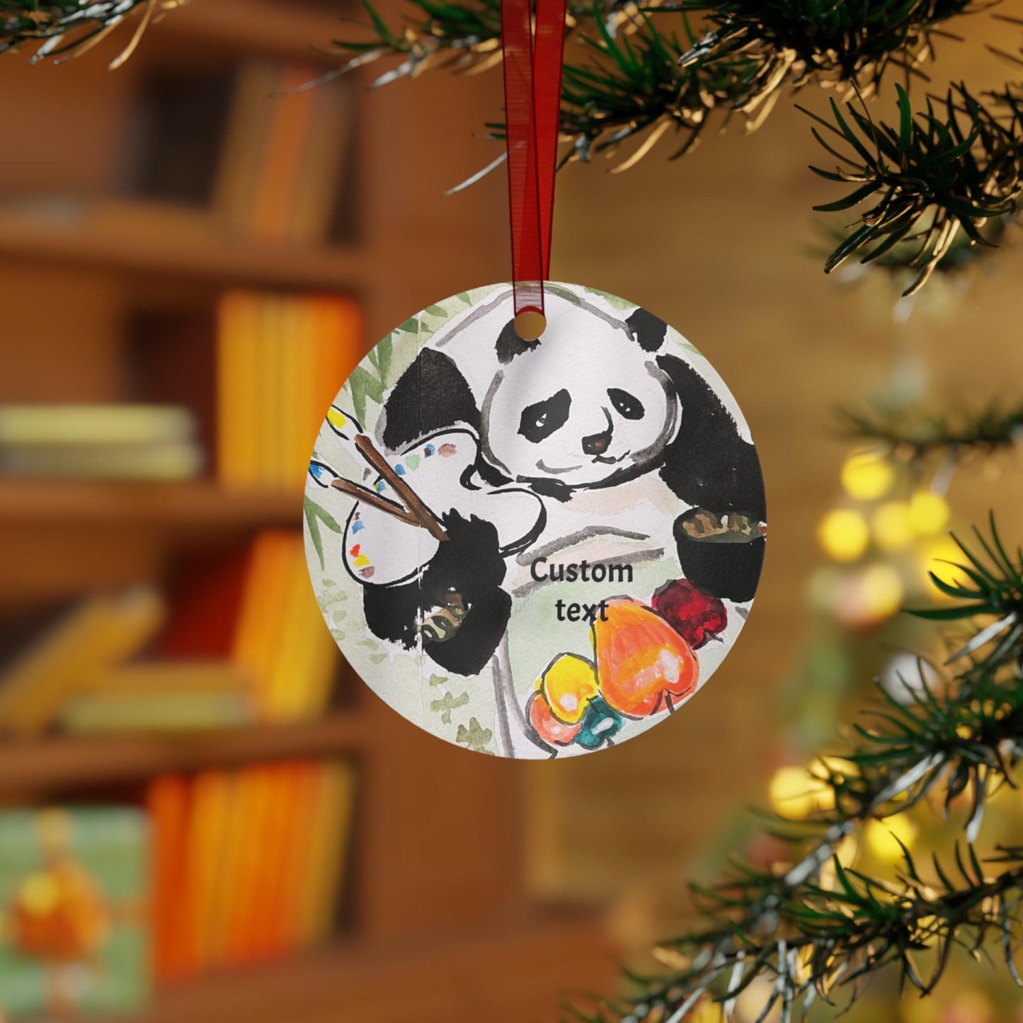 Personalized Metal Ornament, Hand Painted Watercolor, Artist Panda Design, Christmas Tree Decoration, Chinese New Year, All-Year Decor