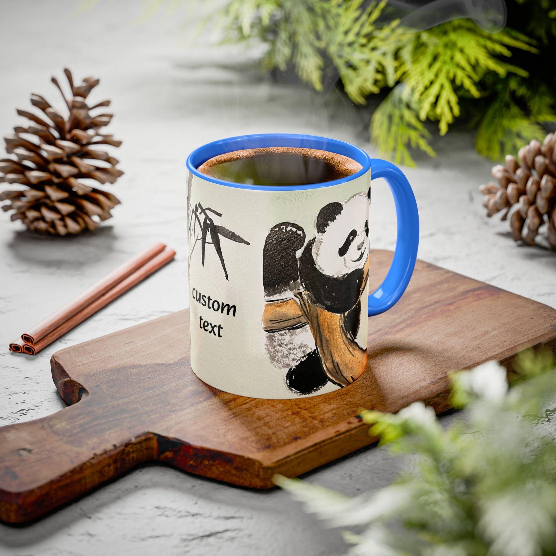 Personalized Mountain Climber Panda Mug, Cute Watercolor Design, 12 colors, Coffee, Tea Mug, Hand Painted Design by artist Xiang Li