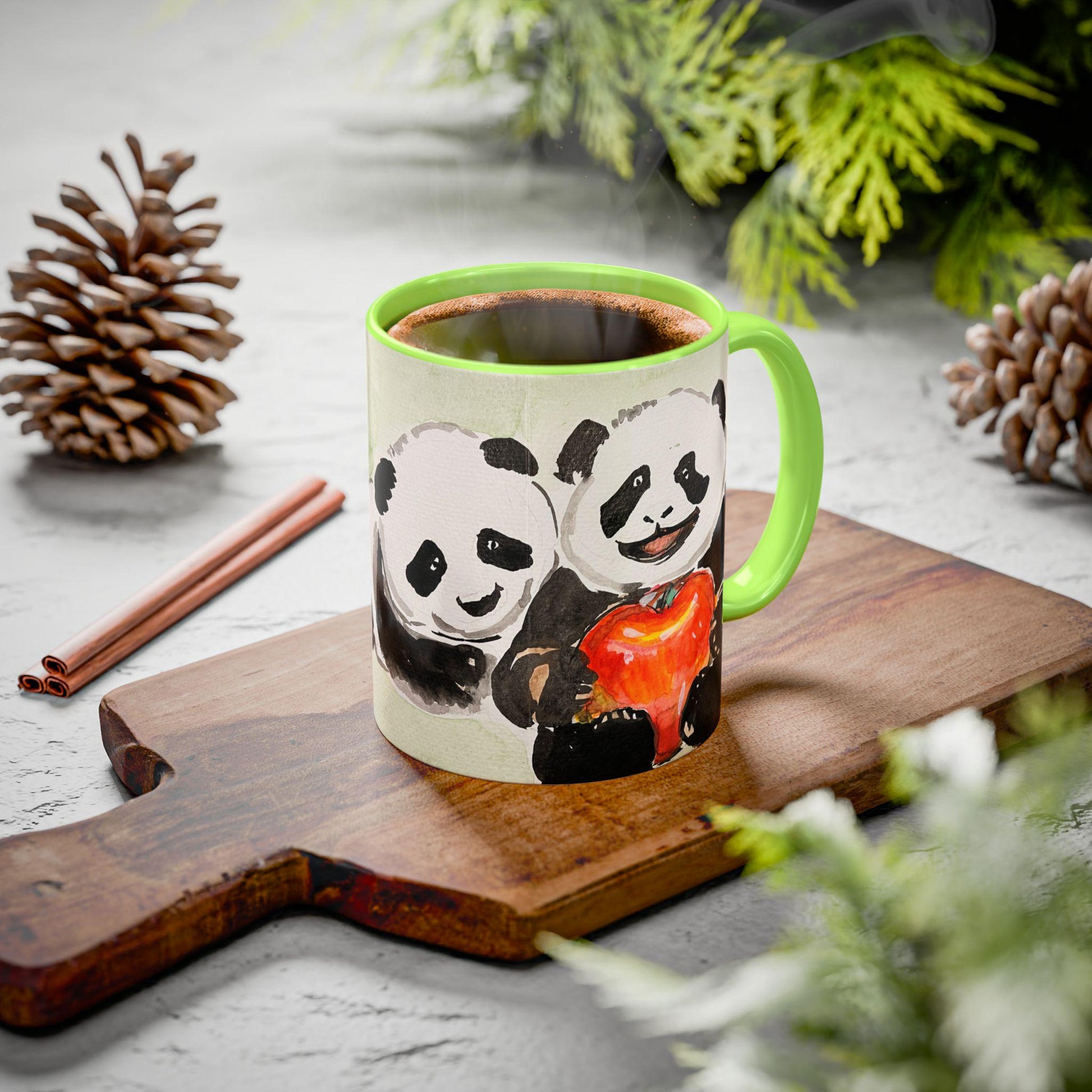 Personalized Health Conscious Panda Mug, Cute Watercolor Painting, 12 colors, Coffee, Tea Mug, Hand Painted Design by artist Xiang Li