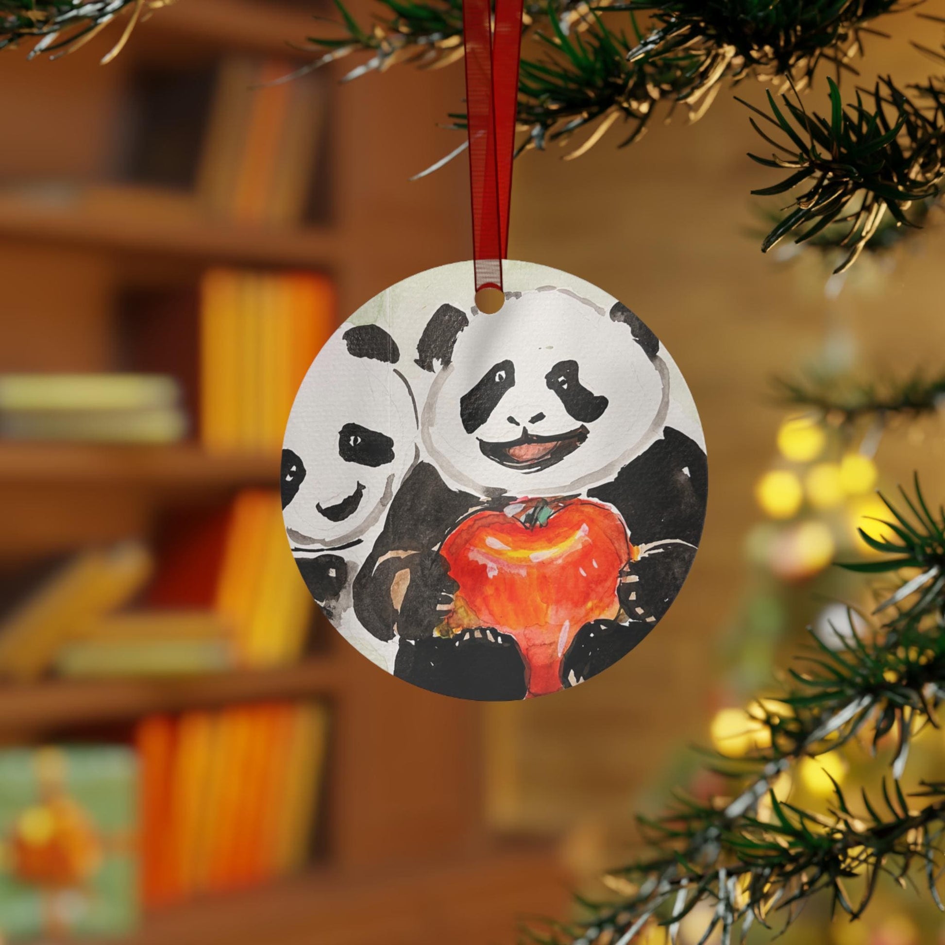 Metal Ornament, Hand Painted Watercolor, Health Conscious Pandas Design, Christmas Tree Decoration, Chinese New Year, All-Year Round Decor