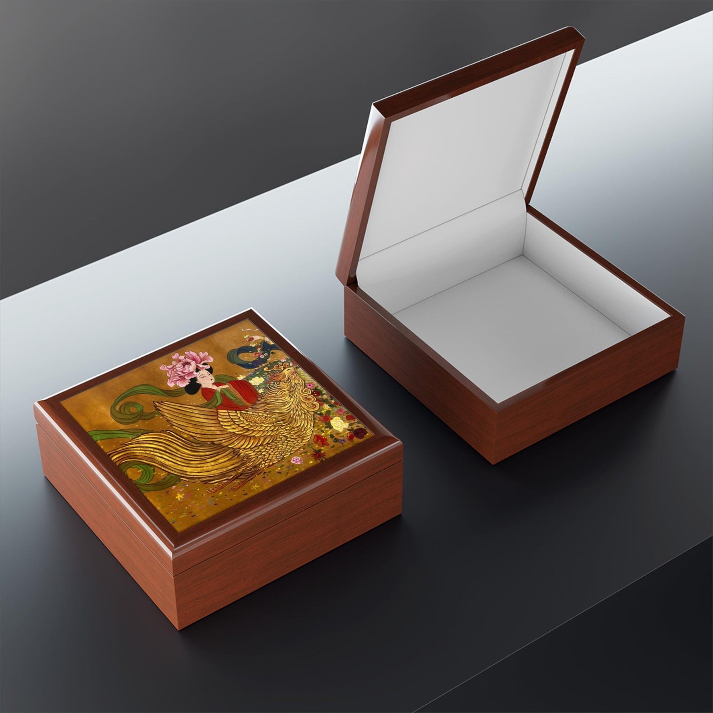 Jewelry Box| Chinese Empress & Golden Phoenix, Print of Watercolor on Silk | by artist Xiang Li Art, Christmas gift, Lunar new year gift