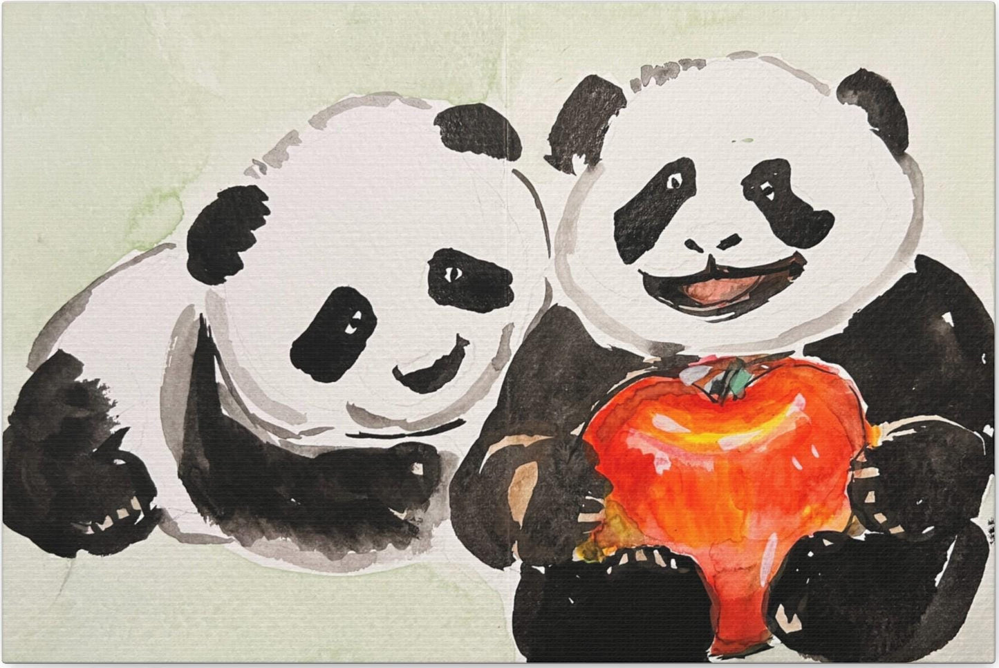 Panda Couple with Apple, Matte Canvas, Stretched, 0.75", Print of Watercolor painting by artist Xiang Li, Panda lover gift, Nursery wall art