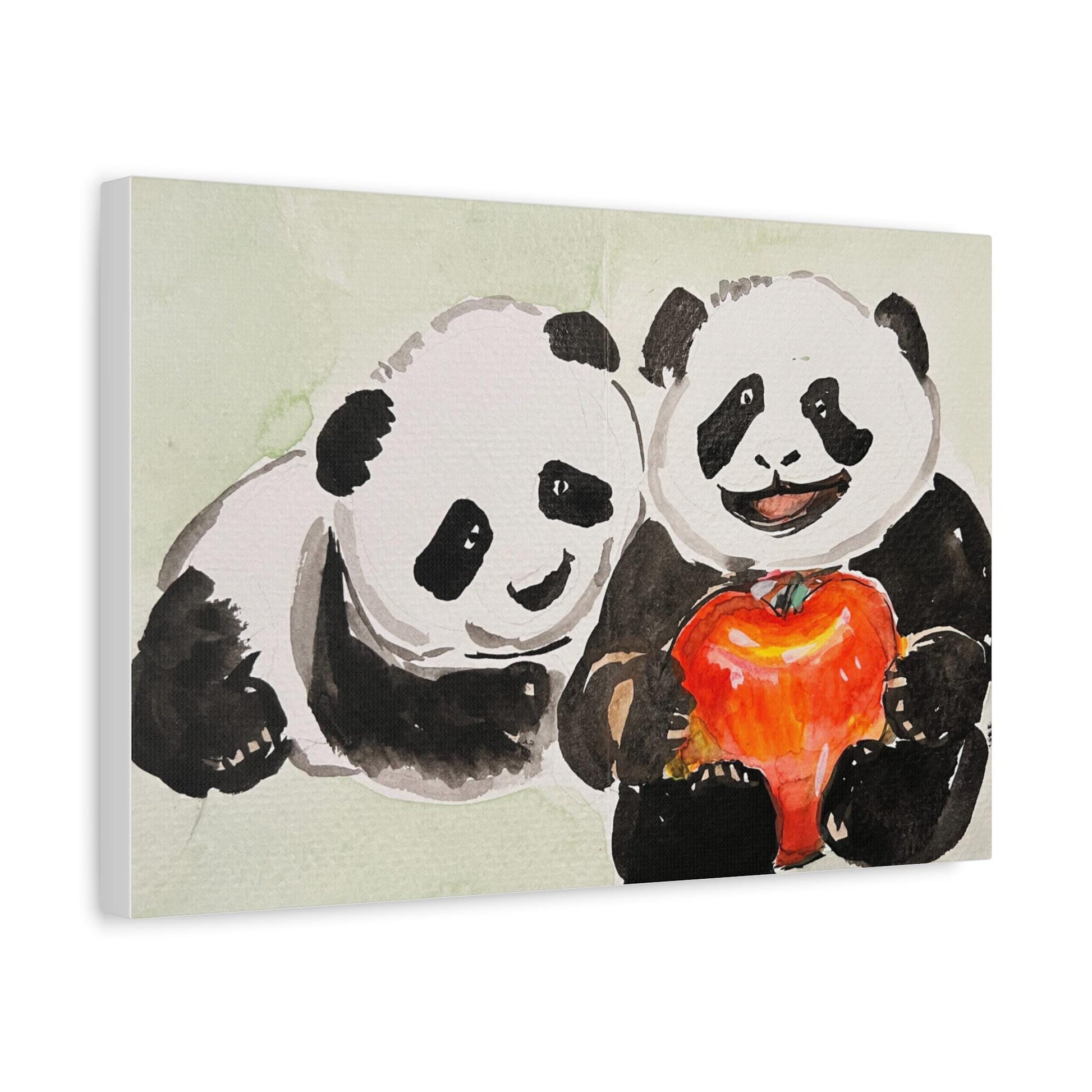 Panda Couple with Apple, Matte Canvas, Stretched, 0.75", Print of Watercolor painting by artist Xiang Li, Panda lover gift, Nursery wall art