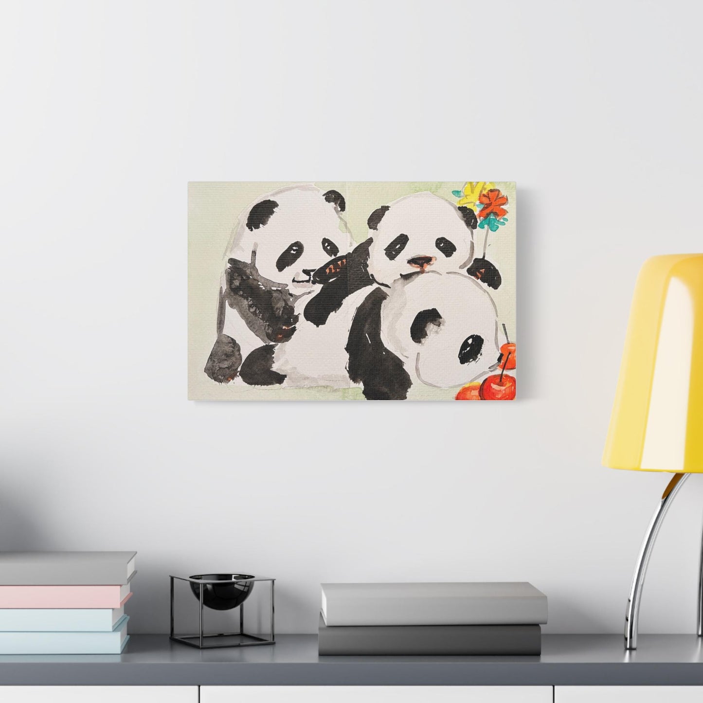 Playful Panda Family, Matte Canvas, Stretched, 0.75", Print of Watercolor painting by artist Xiang Li, Panda lover gift, Nursery wall art