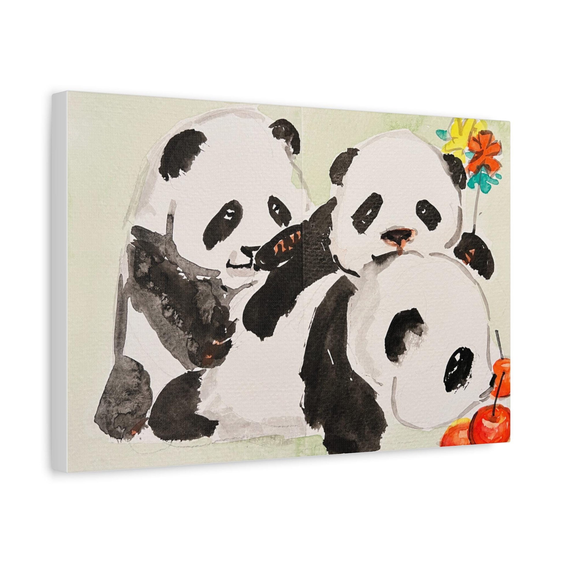 Playful Panda Family, Matte Canvas, Stretched, 0.75", Print of Watercolor painting by artist Xiang Li, Panda lover gift, Nursery wall art